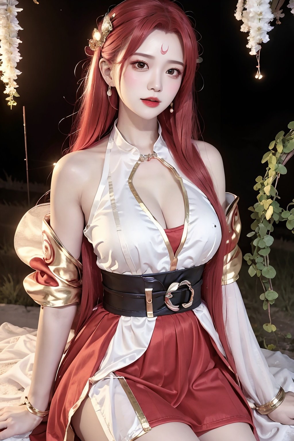 <lora:diaochan_huanling-000004:0.7>, masterpiece, high quality, 1girl, hair ornament, forehead mark, upper body, long hair, red hair, bare shoulders, breasts, bare legs, diaochan_meiling, dressnatural lighting, shallow depth of field, romantic setting, dreamy pastel palette, whimsical details, captured on film