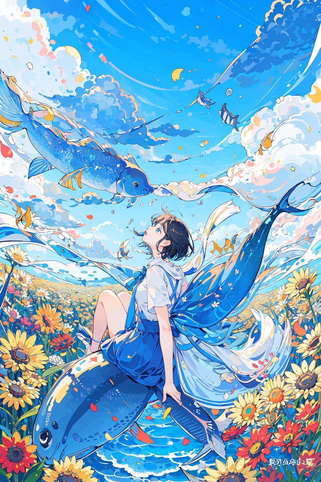 (masterpiece:1.2), best quality,PIXIV, fairy tale style, 1girl, cloud, solo, sky, black hair, fish, flower, bubble, blue sky, short hair, outdoors <lora:fairy tale style-000016:0.7>