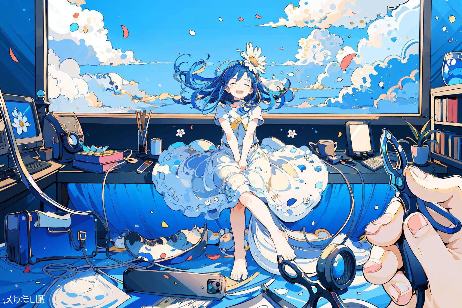 (masterpiece:1.2), best quality,PIXIV, fairy tale style, 1girl, flower, long hair, blue hair, dress, scissors, open mouth, >_<, holding, closed eyes, phone, monitor, barefoot, plant, short sleeves, solo <lora:fairy tale style-000016:0.8>