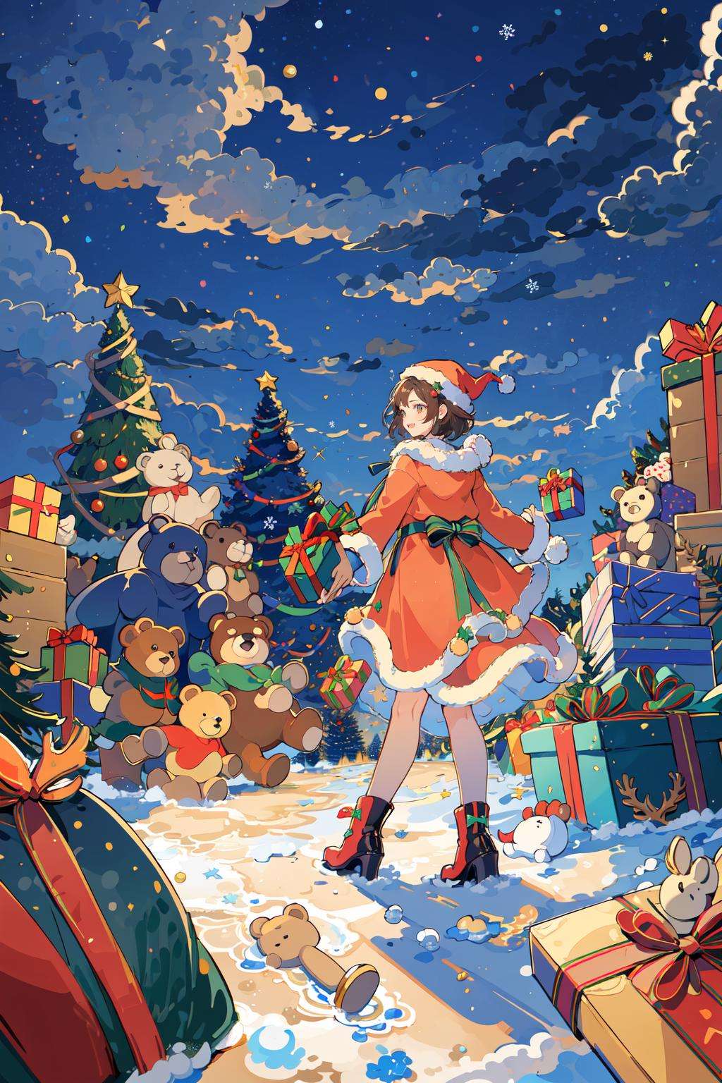 (masterpiece:1.2), best quality,PIXIV, 1girl, 1boy, gift, hat, christmas, teddy bear, brown hair, box, cloud, sky, signature, christmas tree, red headwear, gift box, stuffed toy, stuffed animal, long sleeves, short hair, night, wide shot <lora:fairy tale style-000016:0.7>