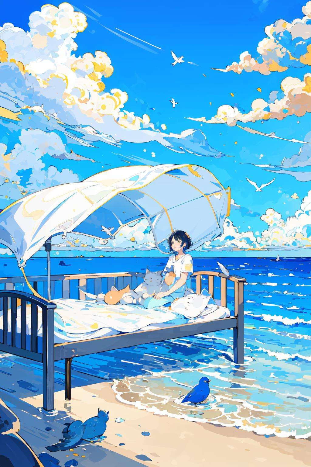 (masterpiece:1.2), best quality,PIXIV, fairy tale style, 1girl, cloud, solo, sky, blue theme, bed, black hair, cloudy sky, wide shot, sitting, water, short hair, short sleeves, dress, cat, bird, hospital bed, blue sky, outdoors, ocean, horizon <lora:fairy tale style-000016:0.6>