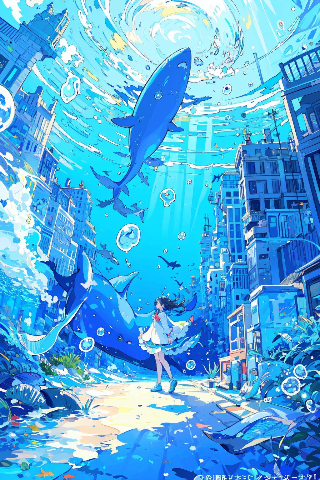 (masterpiece:1.2), best quality,PIXIV, fairy tale style, 1girl, bubble, blue theme, underwater, air bubble, whale, solo, building, shark, scenery, fish <lora:fairy tale style-000016:0.6>