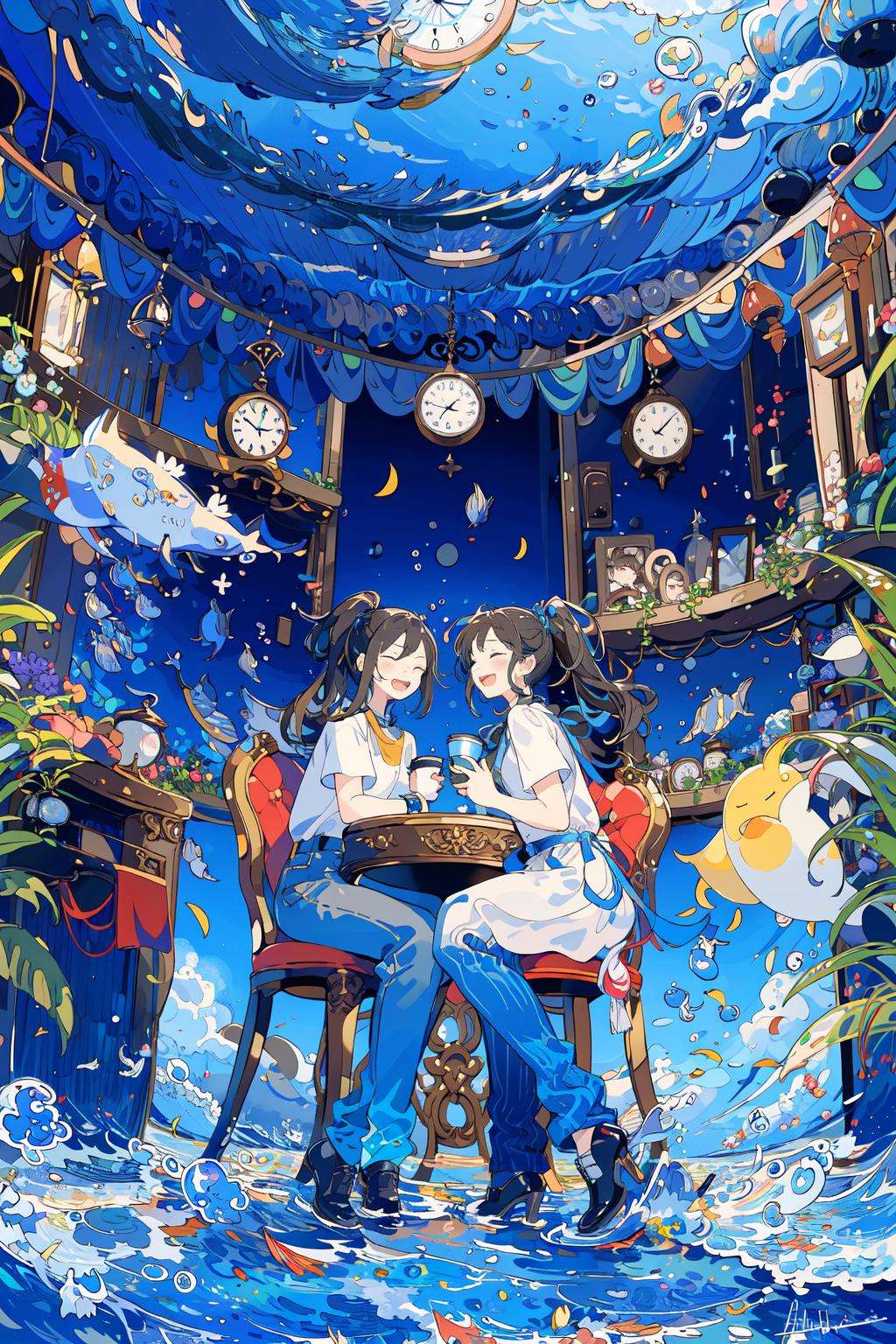 (masterpiece:1.2), best quality,PIXIV, fairy tale style, multiple girls, 2girls, clock, short sleeves, black hair, sitting, closed eyes, chair, long hair, plant, cup, shoes, table, dress, shirt, open mouth, black footwear, water, fish, signature, bubble, pants, wide shot, leaf, white shirt, smile, ponytail, blush, holding, black dress, medium hair, book, waves <lora:fairy tale style-000016:0.8>