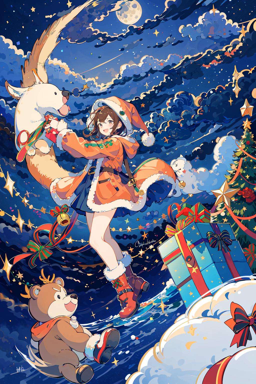 (masterpiece:1.2), best quality,PIXIV, fairy tale style, stuffed animal, stuffed toy, teddy bear, 1boy, gift, open mouth, 1girl, hat, cloud, smile, night, christmas, red headwear, christmas tree, sky, child, hood, signature, brown hair, santa hat, hood down, box, gift box, hoodie, short hair, night sky, star \(symbol\), tree, long sleeves, moon, jacket <lora:fairy tale style-000016:0.7>