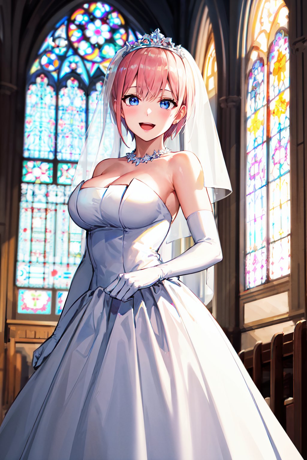 masterpiece, best quality, highres, aaichika, short hair, tiara, bridal veil, necklace, cleavage, wedding dress, strapless dress, white dress, white gloves, elbow gloves, <lora:nakano_ichika_v1:0.7>, church, standing, cowboy shot, smile, open mouth