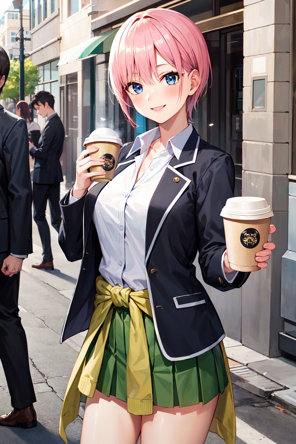 masterpiece, best quality, highres, aaichika, short hair, white shirt, collared shirt, black jacket, blazer, open jacket, long sleeves, clothes around waist, green skirt, pleated skirt, <lora:nakano_ichika_v1:0.7>, holding, coffee, street, smile,