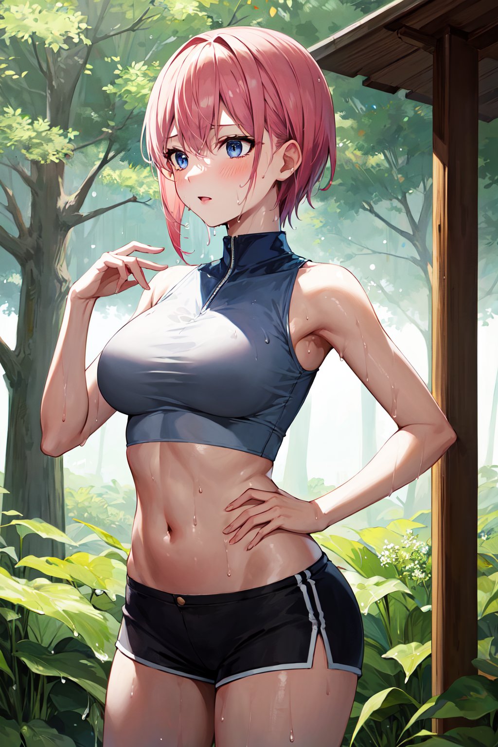 masterpiece, best quality, highres, aaichika, short hair, <lora:nakano_ichika_v1:0.7>, short shorts, midriff, crop top, sleeveless, outdoors, standing, (sweat:1.1), (wet:1.1)