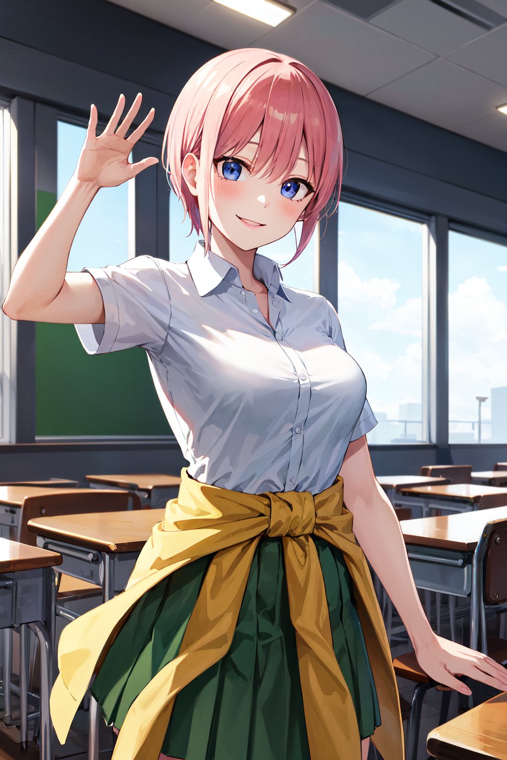 masterpiece, best quality, highres, aaichika, short hair, white shirt, collared shirt, short sleeves, clothes around waist, green skirt, pleated skirt, <lora:nakano_ichika_v1:0.7>, classroom, standing, cowboy shot, waving, smile