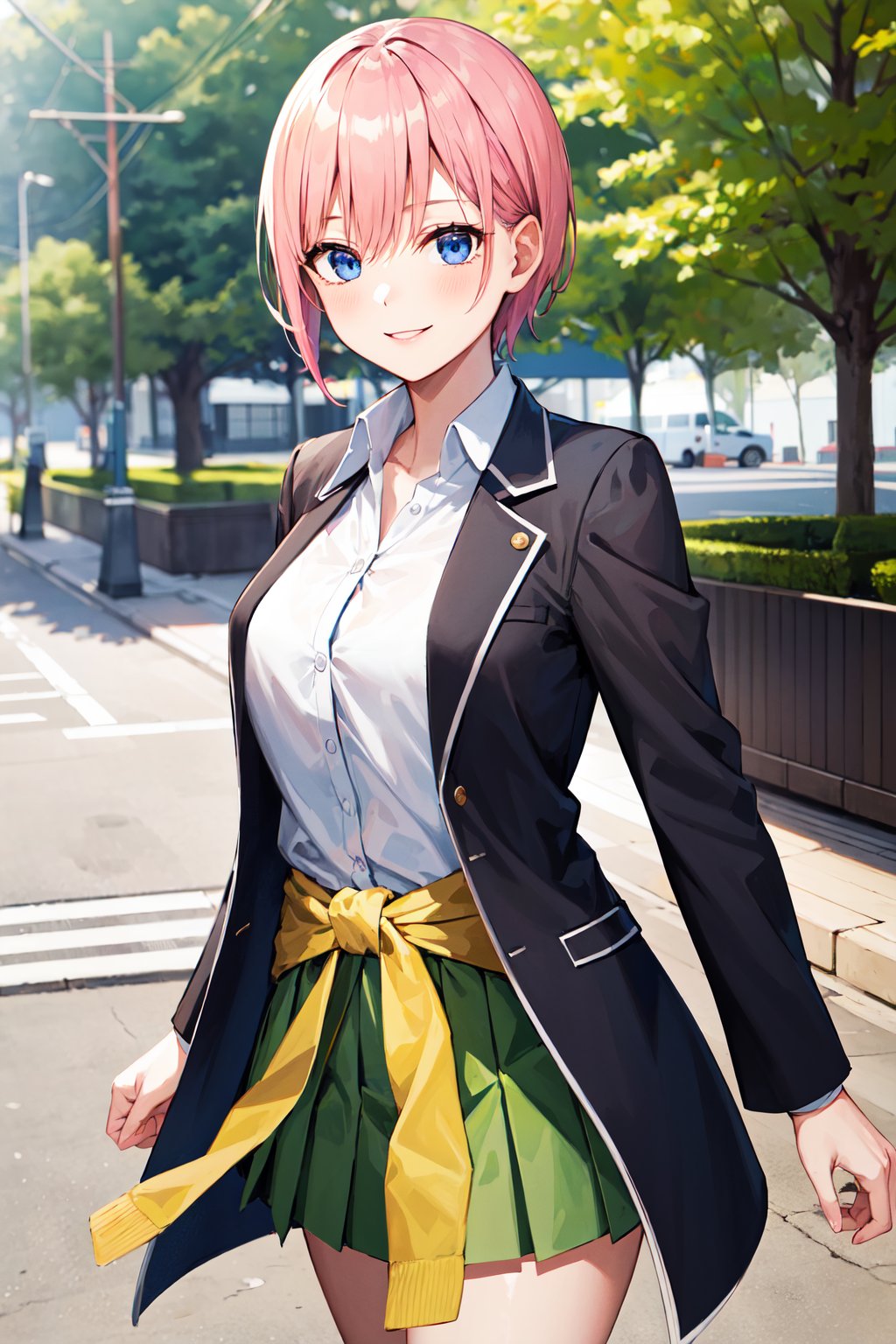 masterpiece, best quality, highres, aaichika, short hair, white shirt, collared shirt, black jacket, blazer, open jacket, long sleeves, clothes around waist, green skirt, pleated skirt, <lora:nakano_ichika_v1:0.7>, cowboy shot, standing, outdoors, smile,