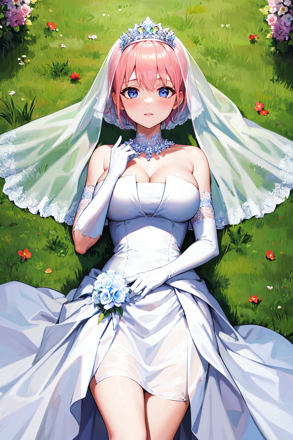 masterpiece, best quality, highres, aaichika, short hair, tiara, bridal veil, necklace, cleavage, wedding dress, strapless dress, white dress, white gloves, elbow gloves, <lora:nakano_ichika_v1:0.7>, lying, from above, grass, flower