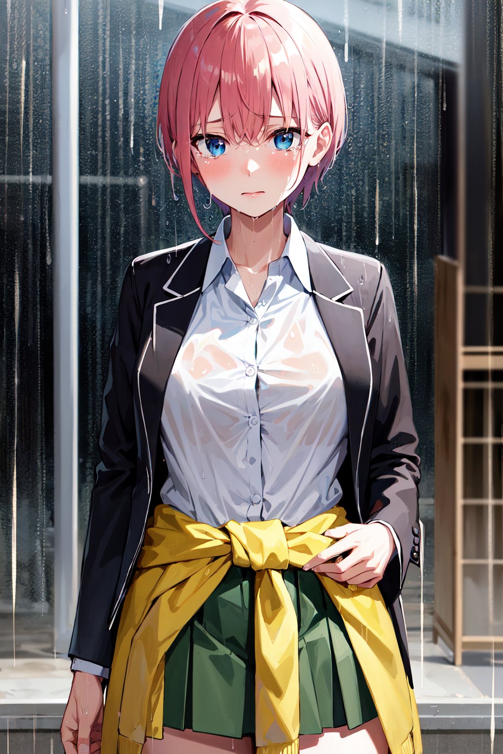 masterpiece, best quality, highres, aaichika, short hair, white shirt, collared shirt, black jacket, blazer, open jacket, long sleeves, clothes around waist, green skirt, pleated skirt, <lora:nakano_ichika_v1:0.7>, wet, (rain:1.3), night, sad, tears