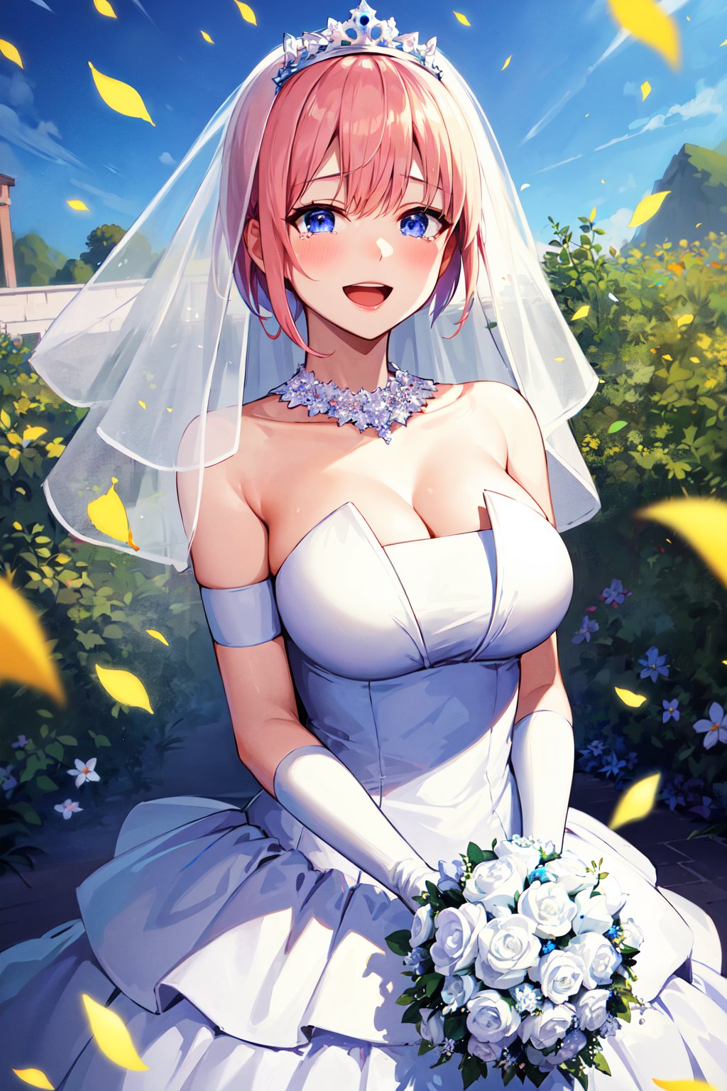 masterpiece, best quality, highres, aaichika, short hair, tiara, bridal veil, necklace, cleavage, wedding dress, strapless dress, white dress, white gloves, elbow gloves, <lora:nakano_ichika_v1:0.7>, garden, smile, open mouth, tears, upper body, confetti, holding bouquet, bouquet,