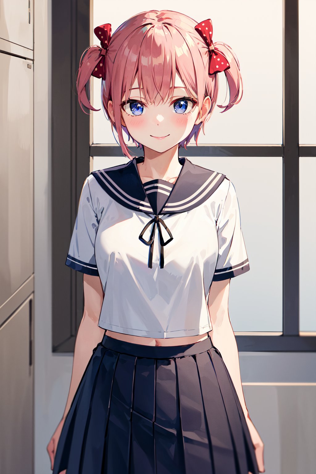 masterpiece, best quality, highres, aaichika, short hair, two side up, hair bow, polka dot bow, serafuku, sailor collar, sailor shirt, short sleeves, black skirt, <lora:nakano_ichika_v1:0.7>, standing, cowboy shot, indoors, smile, arms at sides,