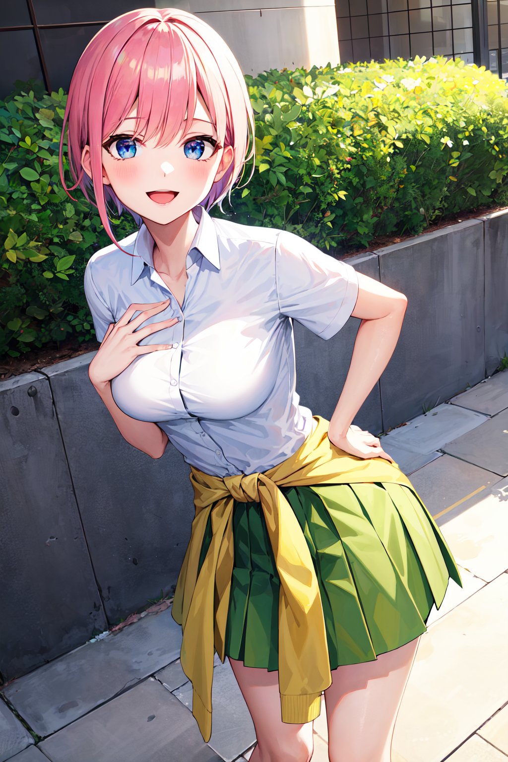 masterpiece, best quality, highres, aaichika, short hair, white shirt, collared shirt, short sleeves, clothes around waist, green skirt, pleated skirt, <lora:nakano_ichika_v1:0.7>, hand on hip, outdoors, smile, open mouth,