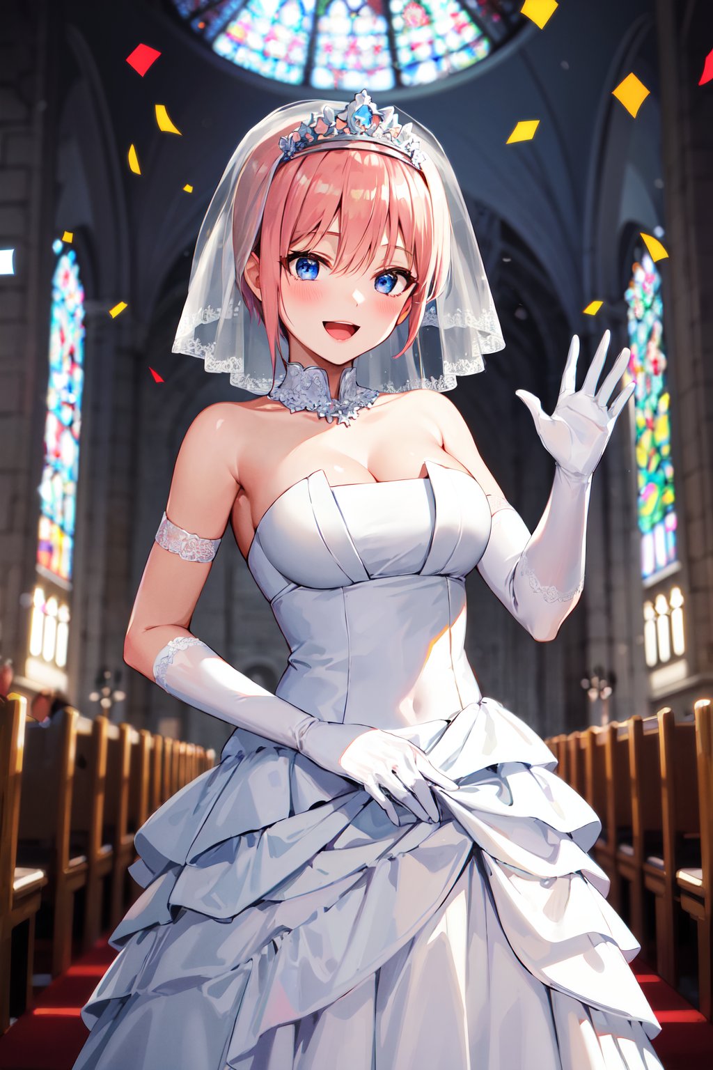 masterpiece, best quality, highres, aaichika, short hair, tiara, bridal veil, necklace, cleavage, wedding dress, strapless dress, white dress, white gloves, elbow gloves, <lora:nakano_ichika_v1:0.7>, church, standing, cowboy shot, smile, open mouth, confetti, waving