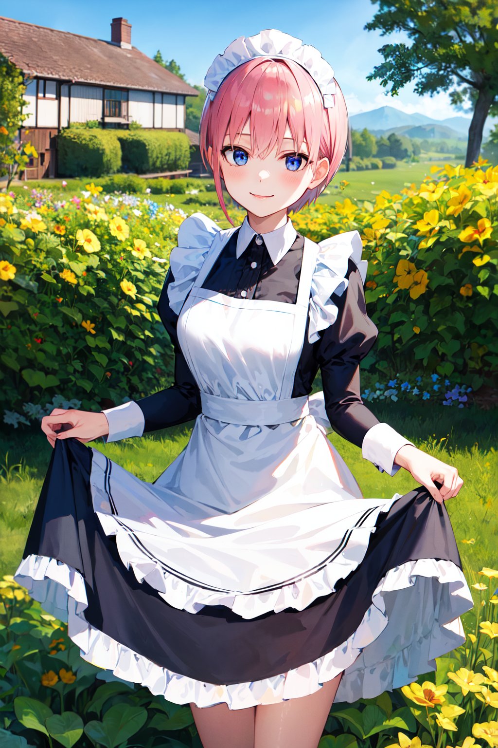 masterpiece, best quality, highres, aaichika, short hair, <lora:nakano_ichika_v1:0.7>, maid, maid headdress, skirt hold, smile, outdoors, garden