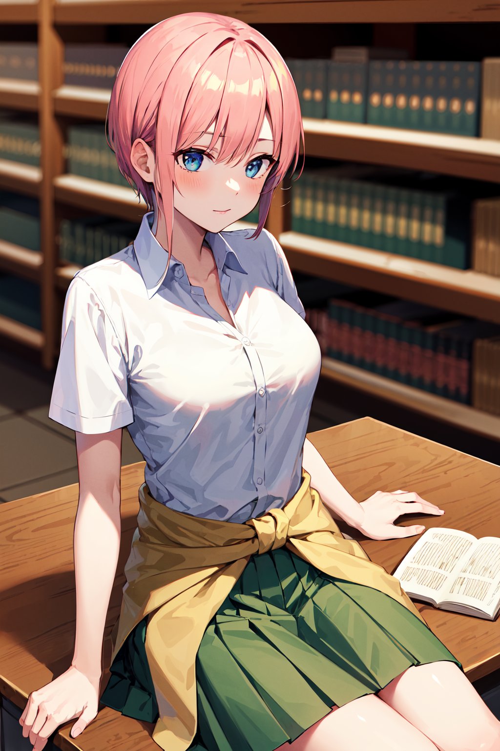 masterpiece, best quality, highres, aaichika, short hair, white shirt, collared shirt, short sleeves, clothes around waist, green skirt, pleated skirt, <lora:nakano_ichika_v1:0.7>, library, sitting, book, desk,