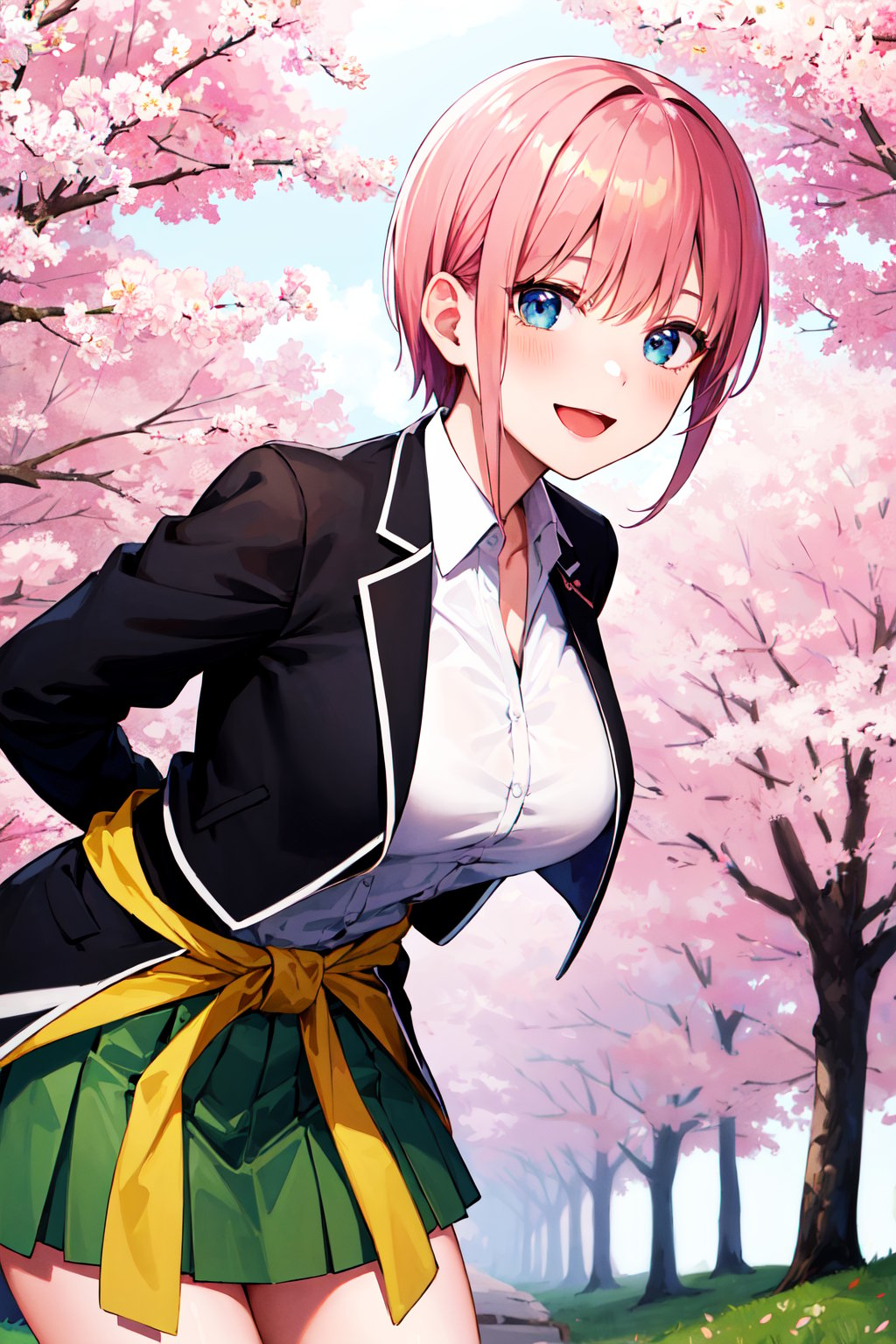 masterpiece, best quality, highres, aaichika, short hair, white shirt, collared shirt, black jacket, blazer, open jacket, long sleeves, clothes around waist, green skirt, pleated skirt, <lora:nakano_ichika_v1:0.7>, leaning forward, arms behind back, smile, open mouth, standing, outdoors, cherry blossoms,