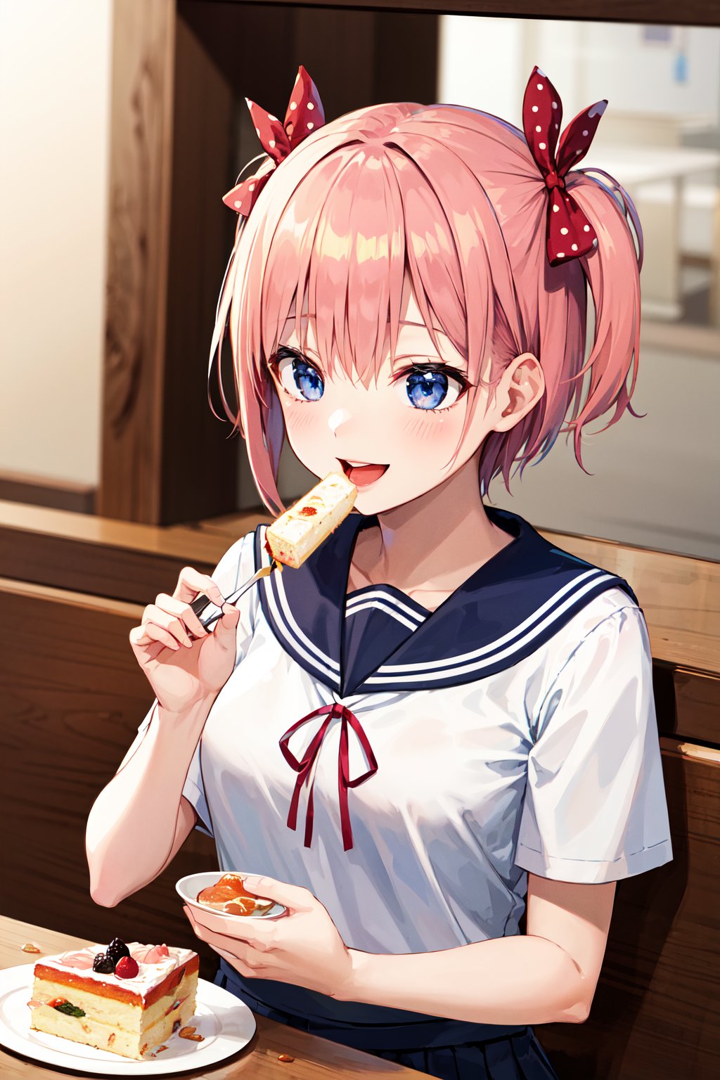 masterpiece, best quality, highres, aaichika, short hair, two side up, hair bow, polka dot bow, serafuku, sailor collar, sailor shirt, short sleeves, black skirt, <lora:nakano_ichika_v1:0.7>, restaurant, food, eating, stting, cake, smile, open mouth,