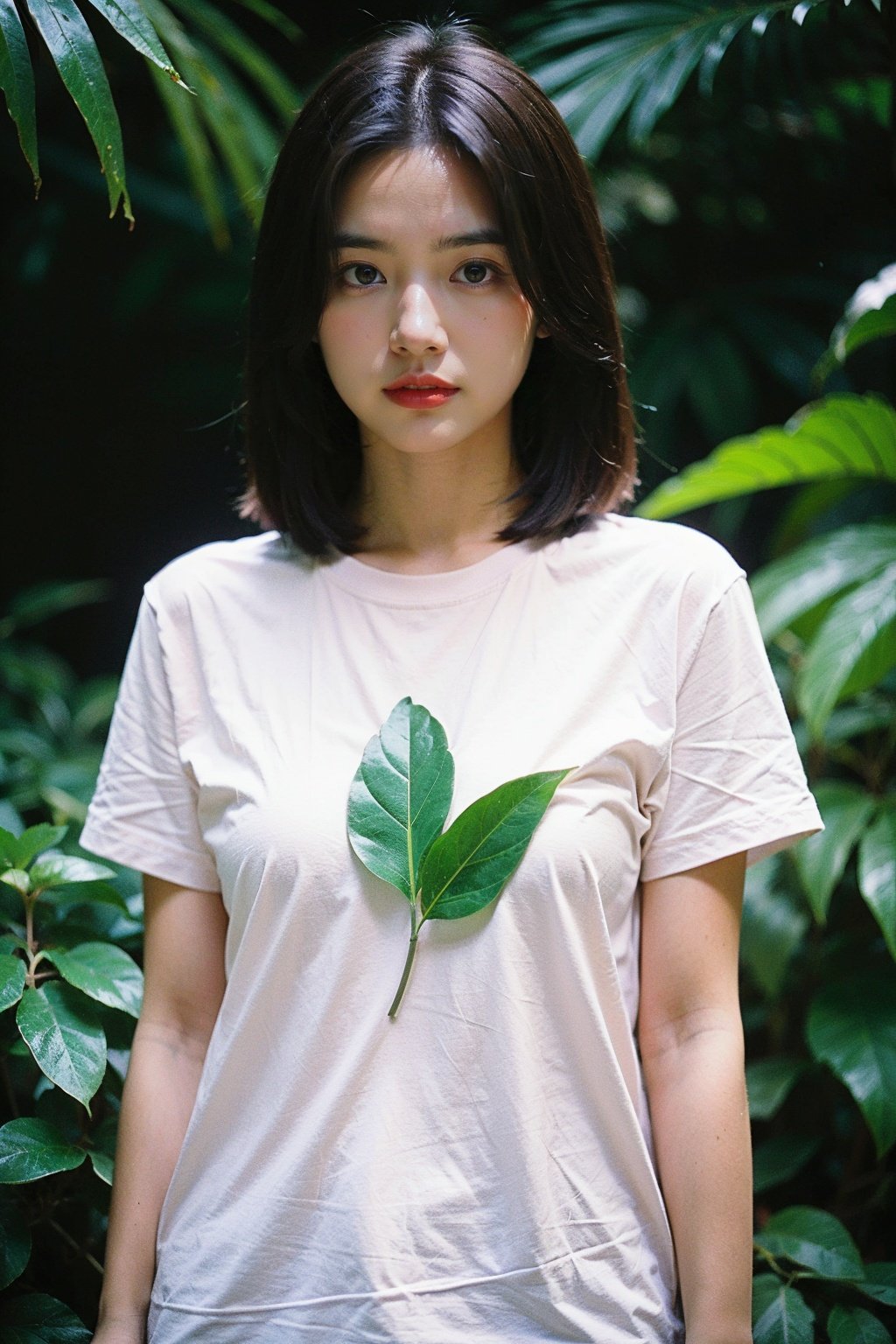 Best Quality,Masterpiece,Ultra High Resolution,(Realisticity:1.4),Original Photo,1girl,among leaves,Pure cotton white T-shirt,