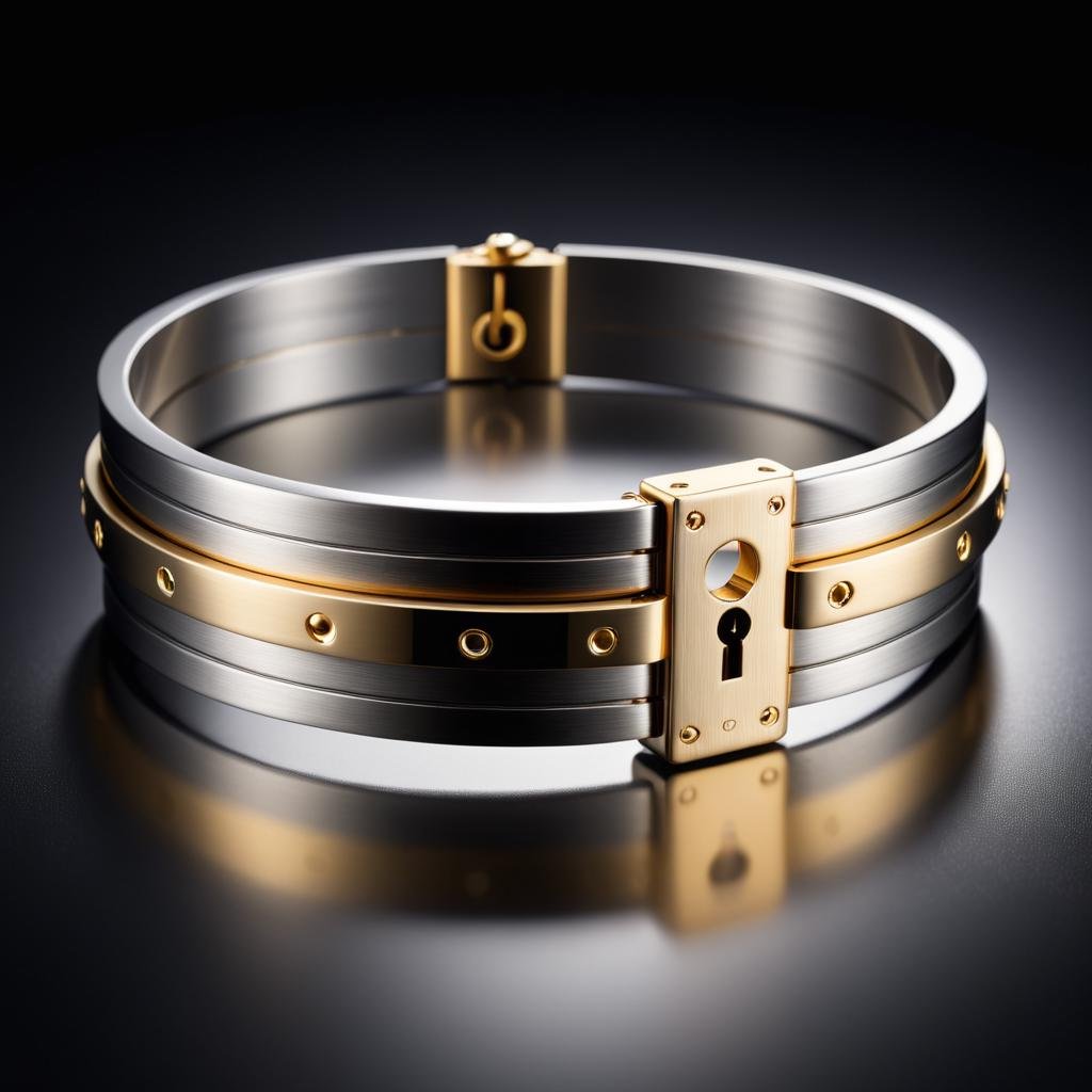 Long exposure photo of <lora:Choker-FFashion-Part1-32.LORA:1> a gold and silver bracelet with a lock, rendered in keyshot, jewelry photography, cartier style, highly detailed product photo, keyshot product render, lock, cartier, keyshot render, gold bracelet, silver with gold accents, ultra detailed 16k, by Andrei Kolkoutine, keyshot product render pinterest, in style of mike savad, jewelry design . Blurred motion, streaks of light, surreal, dreamy, ghosting effect, highly detailed