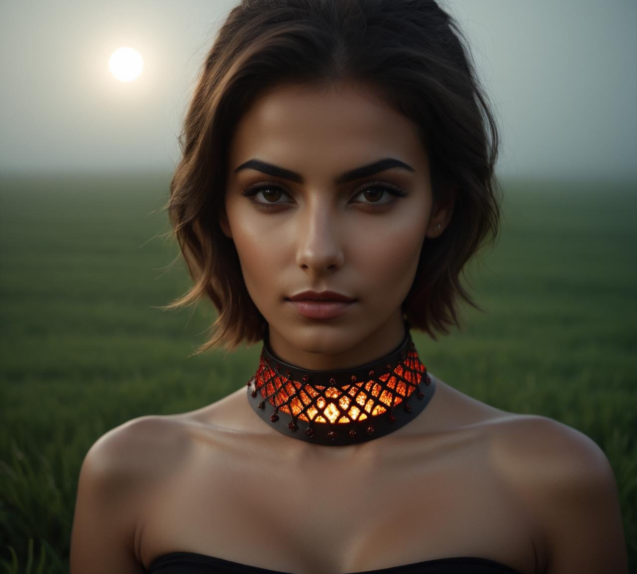 cinematic film still <lora:Choker-FFashion-Part1-32.LORA:1>, portrait, lava pit, intricate background,close up of a Fantasy [South African|Iranian] (metal choker:1.3) , wearing choker on neck, background is grass, Foggy conditions, Moonlight, 800mm lens, Liminal dream . shallow depth of field, vignette, highly detailed, high budget, bokeh, cinemascope, moody, epic, gorgeous, film grain, grainy