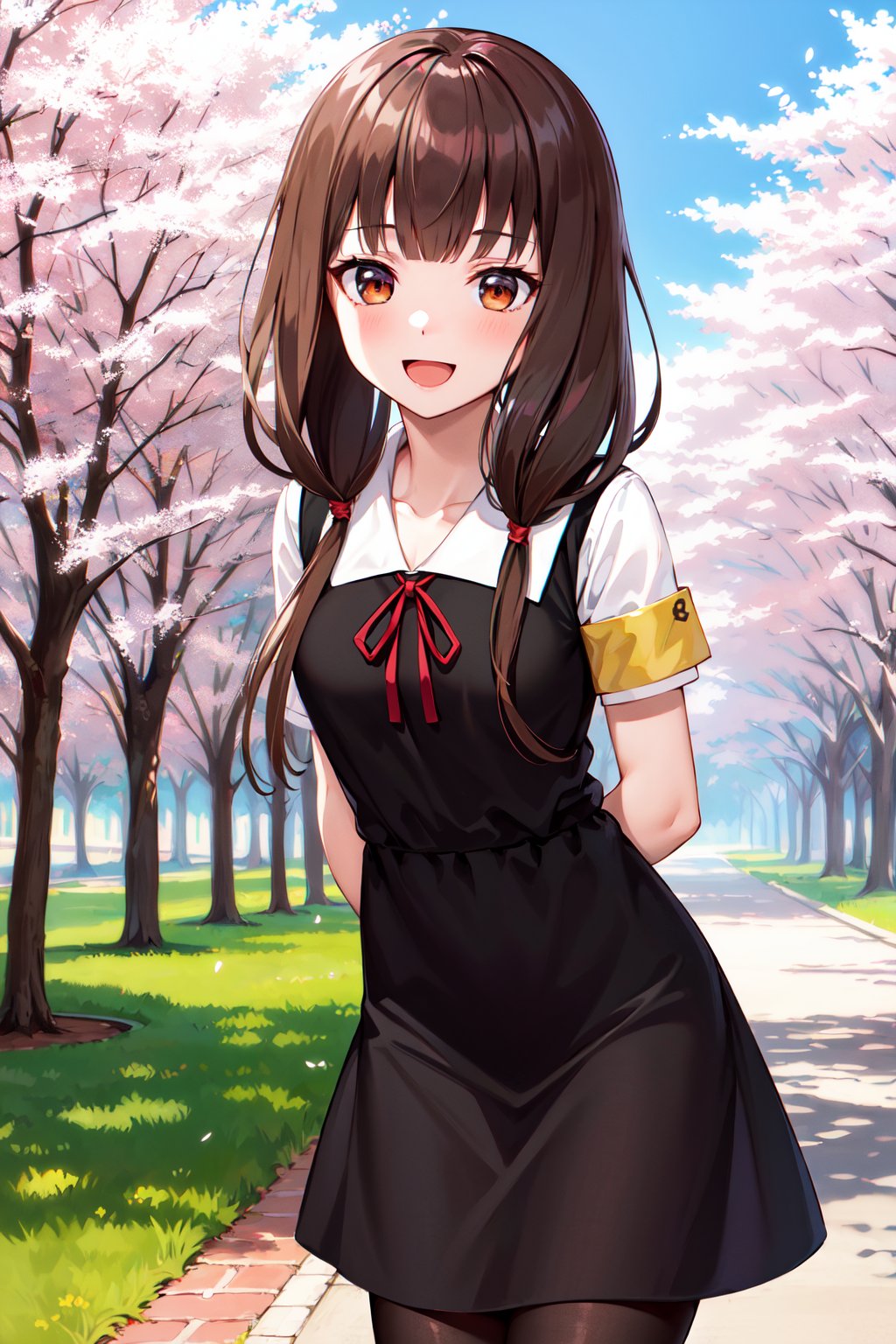 masterpiece, best quality, highres, aamiko, long hair, low twintails, blunt bangs, collarbone, neck ribbon, red ribbon, pinafore dress, short sleeves, armband, black pantyhose, <lora:iino_miko_v1:0.8>, cherry blossoms, outdoors, standing, leaning forward, arms behind back, smile, open mouth, 