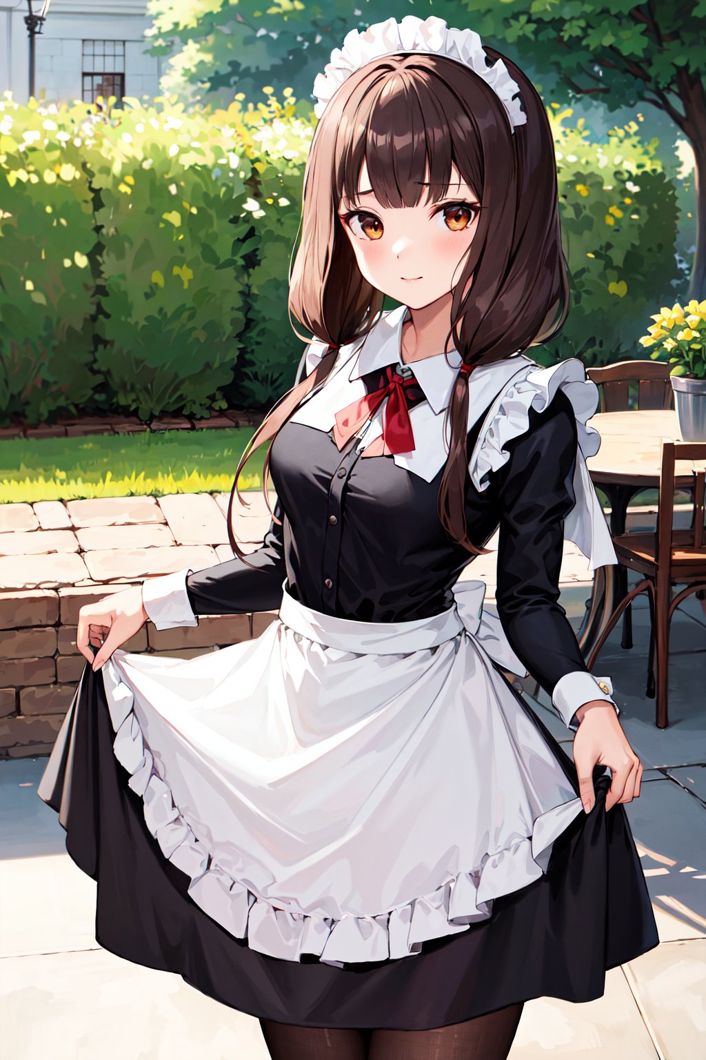 masterpiece, best quality, highres, aamiko, long hair, low twintails, blunt bangs, <lora:iino_miko_v1:0.7>, maid, maid headdress, apron, brooch, skirt hold, standing, garden, table