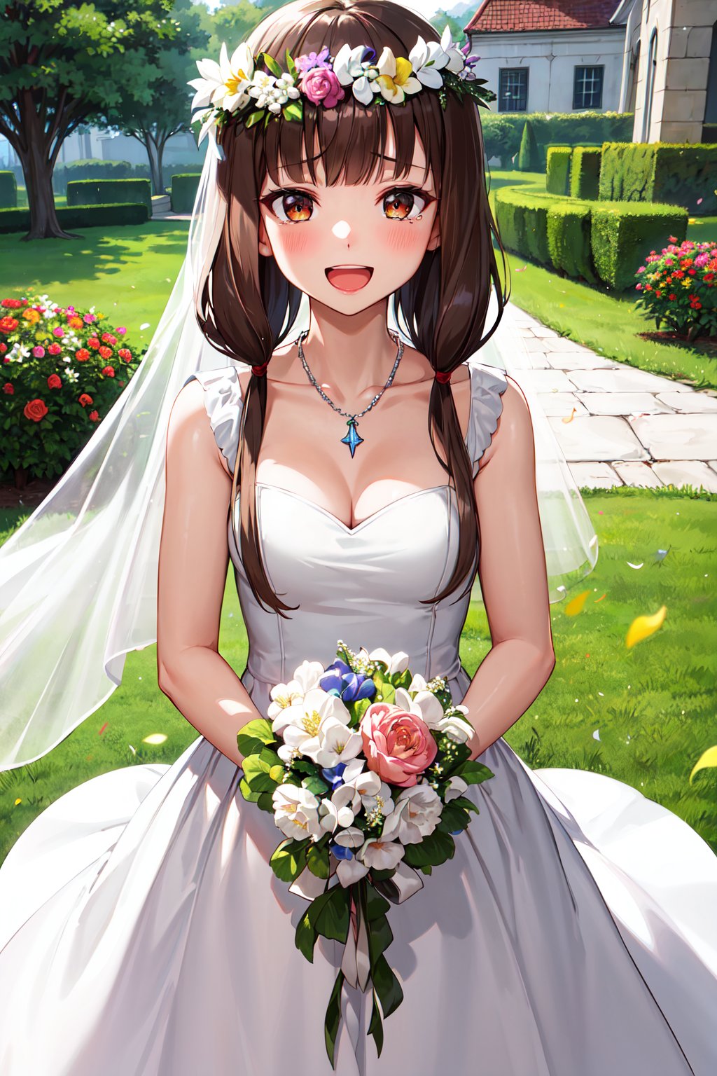 masterpiece, best quality, highres, aamiko, long hair, low twintails, blunt bangs, <lora:iino_miko_v1:0.8>, wedding dress, white dress, necklace, smile, tears, open mouth, garden, holding bouquet, confetti, head wreath, 