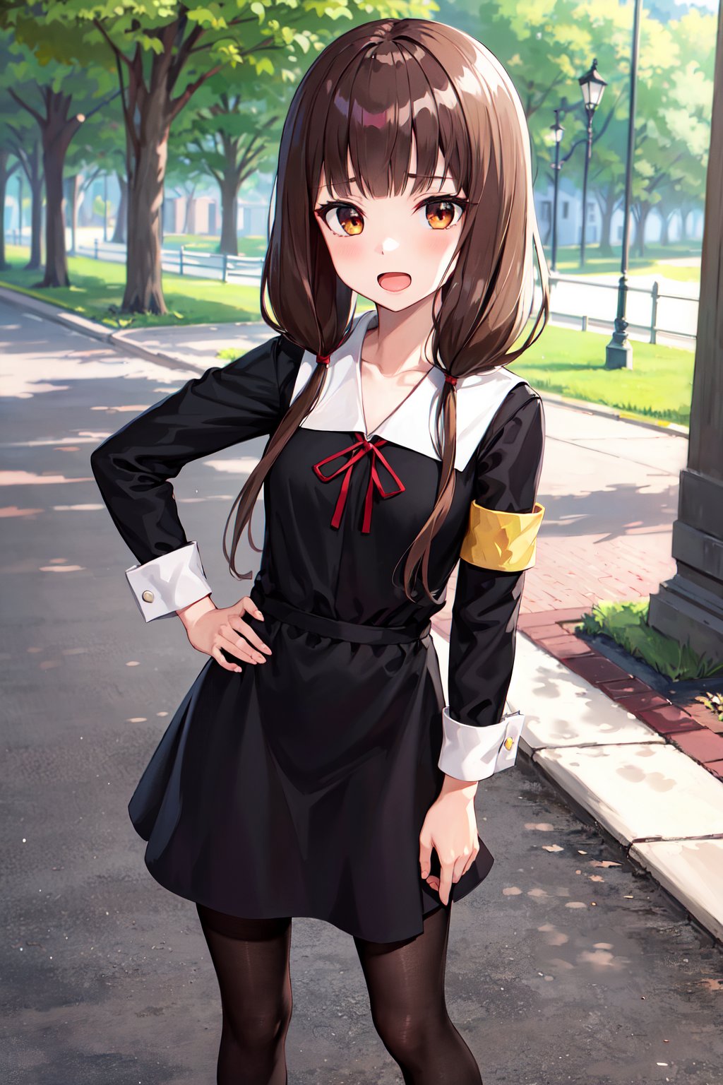 masterpiece, best quality, highres, bbmiko, long hair, low twintails, blunt bangs, collarbone, neck ribbon, red ribbon, black dress, black shirt, long sleeves, black sleeves, armband, black pantyhose, <lora:iino_miko_v1:0.8>, standing, outdoors, hand on hip, open mouth, 