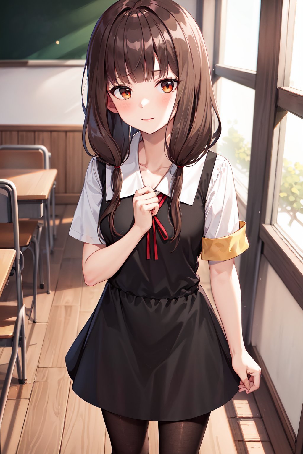 masterpiece, best quality, highres, aamiko, long hair, low twintails, blunt bangs, collarbone, neck ribbon, red ribbon, pinafore dress, short sleeves, armband, black pantyhose, <lora:iino_miko_v1:0.8>, standing, indoors, classroom, 