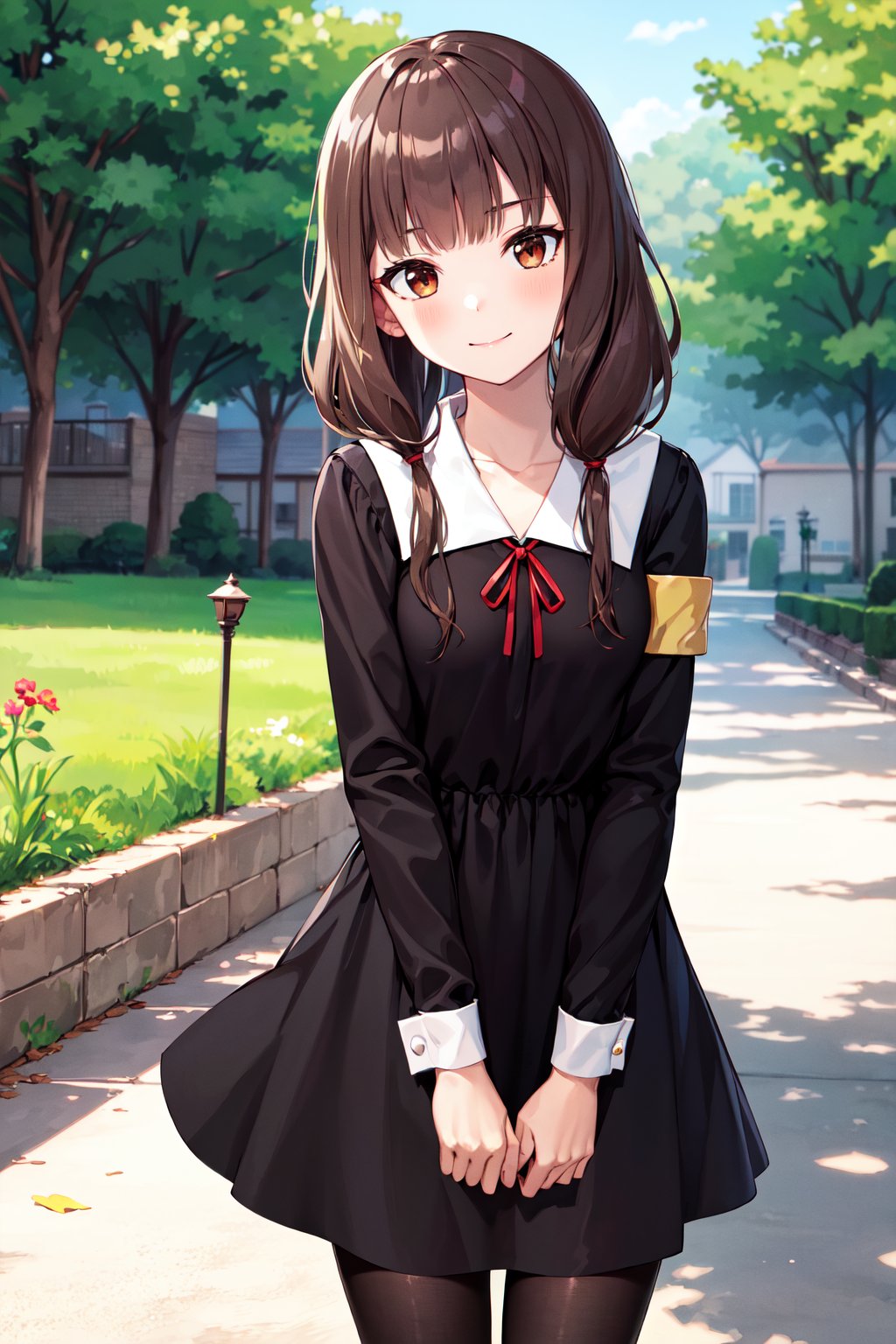 masterpiece, best quality, highres, bbmiko, long hair, low twintails, blunt bangs, collarbone, neck ribbon, red ribbon, black dress, black shirt, long sleeves, black sleeves, armband, black pantyhose, <lora:iino_miko_v1:0.8>, standing, cowboy shot, outdoors, smile, closed mouth, 