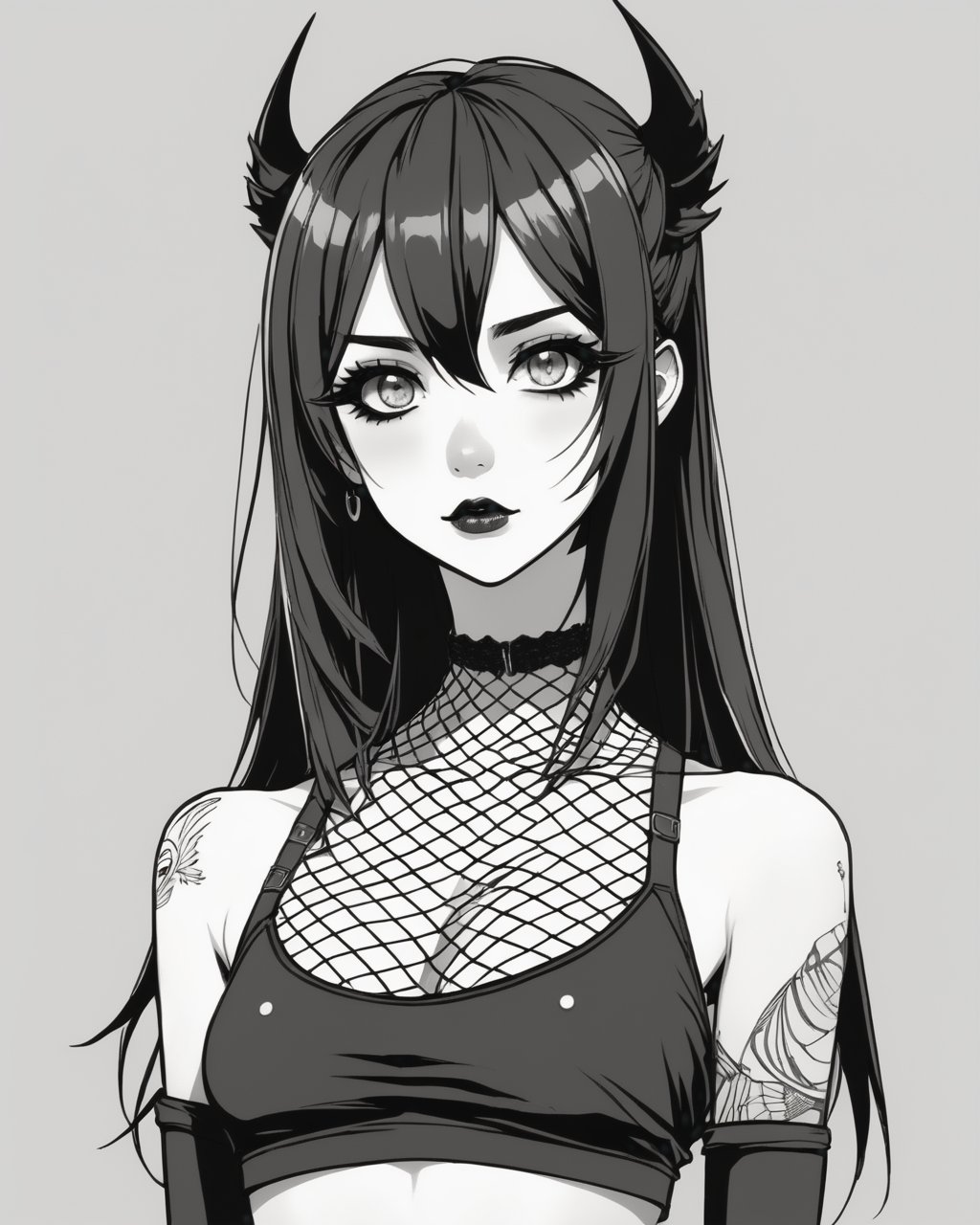 <lora:uwudemon5:1.0> uWudemon, ,anime,A 4k of a grungy sketch of a goth anime girl posing in a stylized yet simple drawing style. It looks like a Discord profile picture. She's wearing a fishnet croptop. The sketch does not look realistic but rather simple and stylized but still looks high quality and high resolution with very defined lines. She has short black hair and pretty and very large black eyes with no color