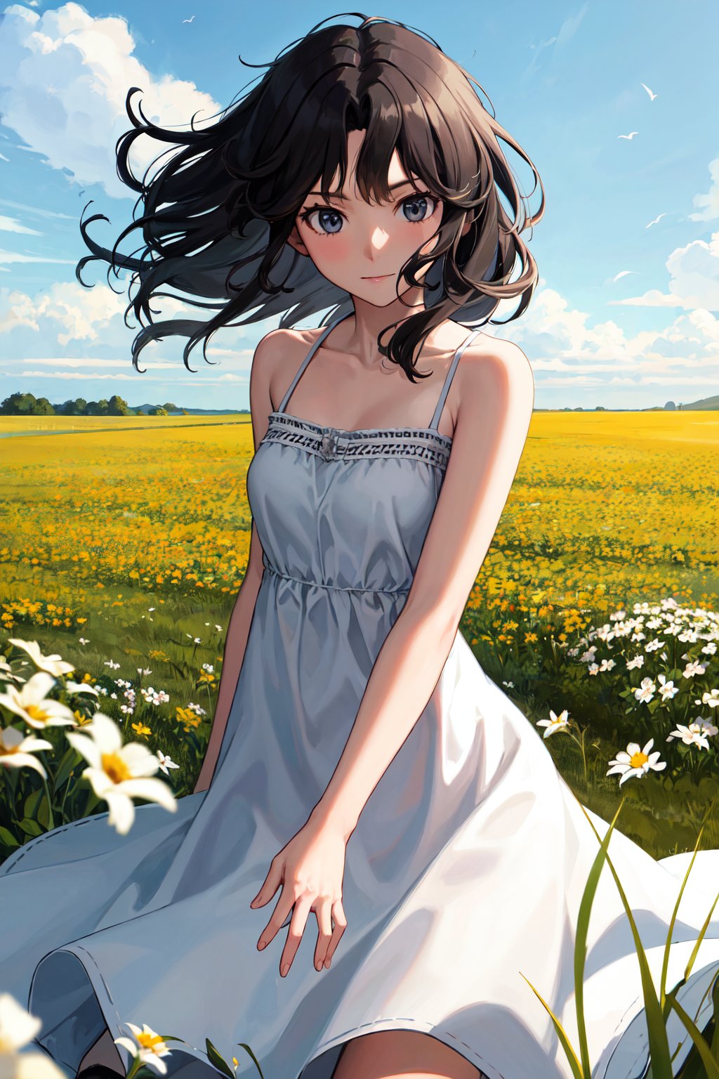 masterpiece, best quality, highres, aakaoru, wavy hair, messy hair, <lora:tanamachi_kaoru_v1:0.7>, dress, sundress, outdoors, field, wind, 