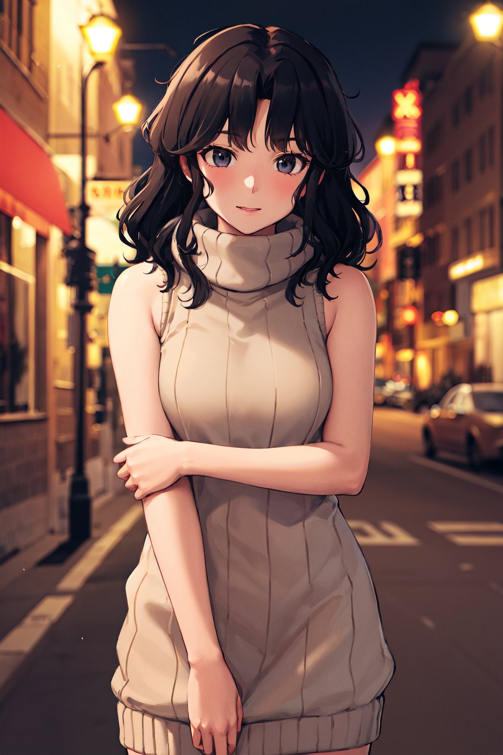 masterpiece, best quality, highres, aakaoru, wavy hair, messy hair, <lora:tanamachi_kaoru_v1:0.7>, night, street, standing, sweater dress, turtleneck, sleeveless, 