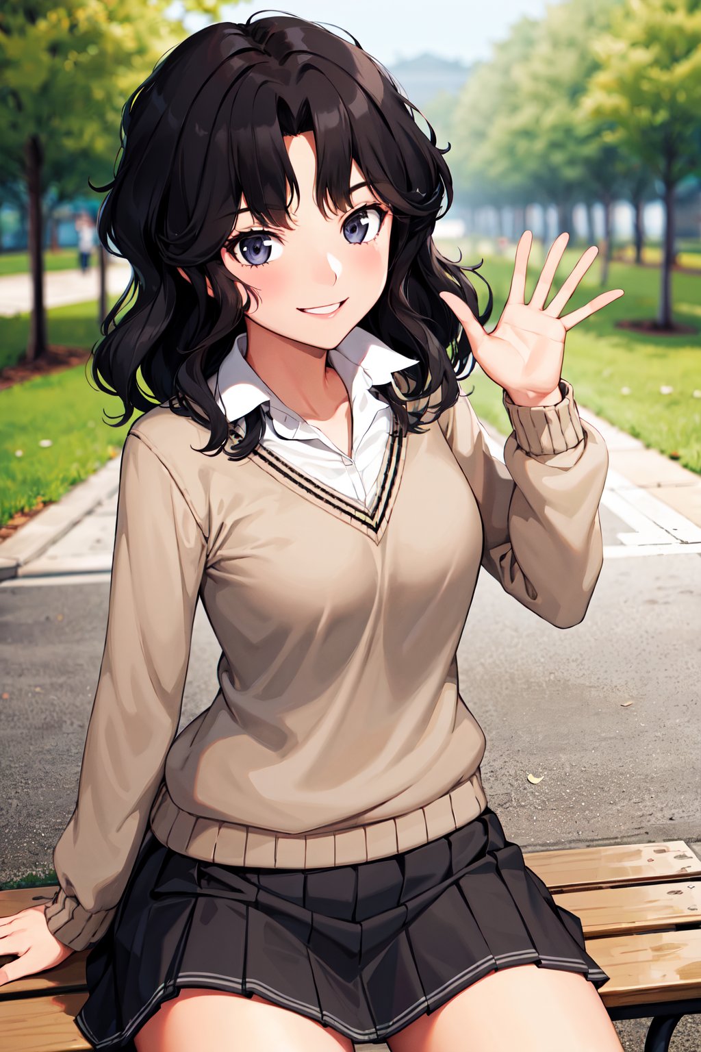 masterpiece, best quality, highres, aakaoru, wavy hair, messy hair, school uniform, collared shirt, brown sweater, long sleeves, pleated skirt, black skirt, <lora:tanamachi_kaoru_v1:0.7>, sitting, waving, smile, bench, park