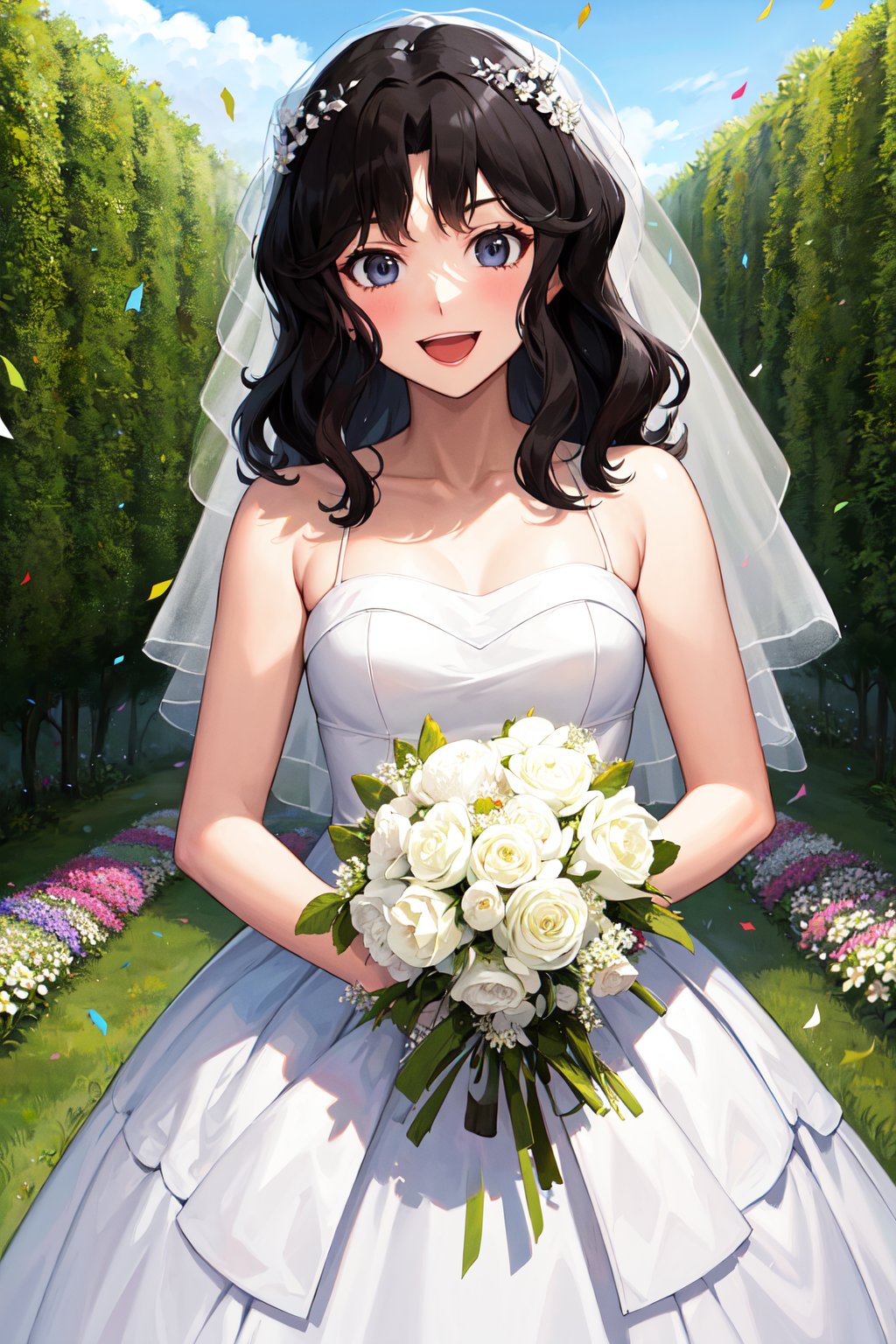 masterpiece, best quality, highres, aakaoru, wavy hair, messy hair, <lora:tanamachi_kaoru_v1:0.7>, wedding dress, smile, open mouth, garden, holding bouquet, confetti, 