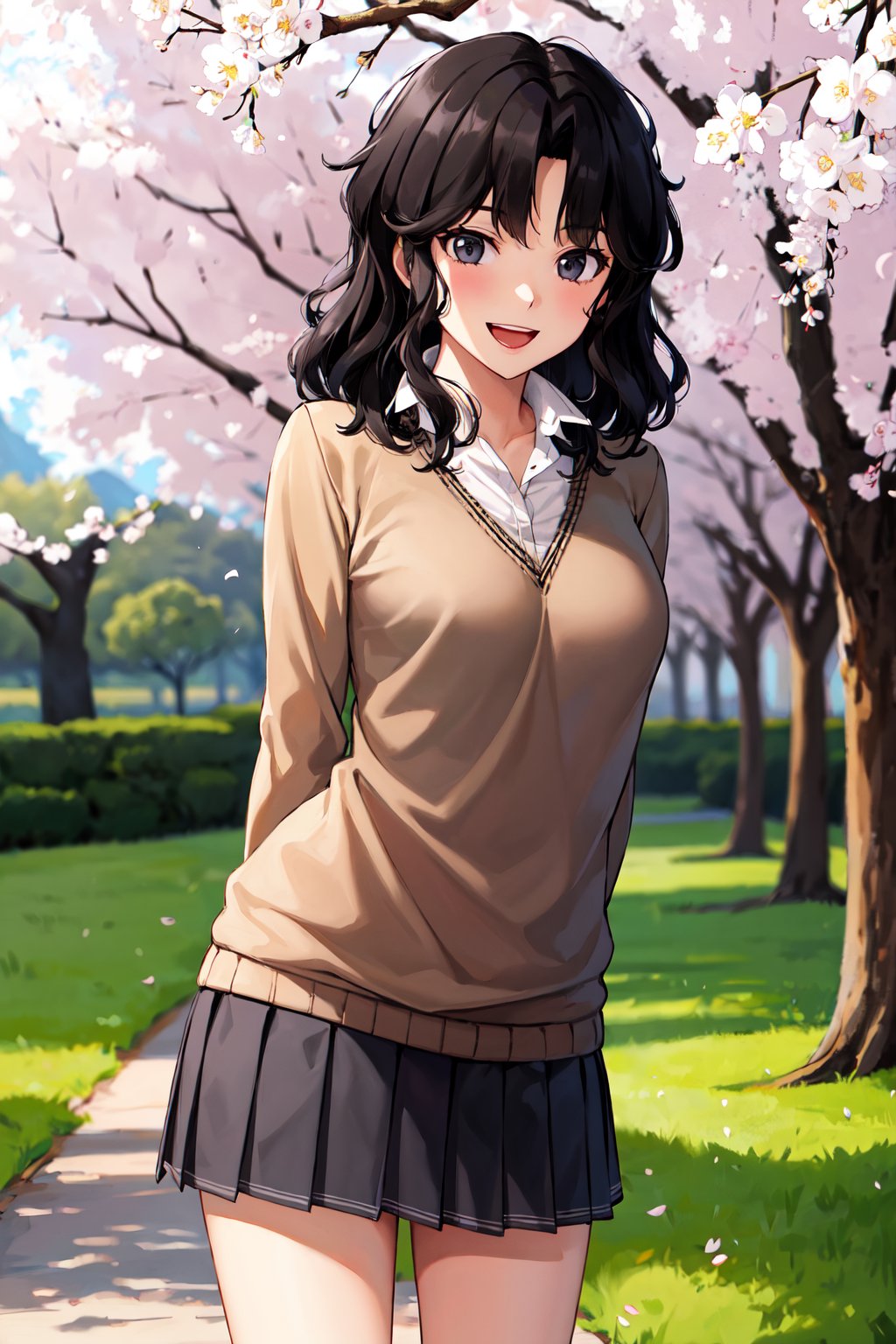 masterpiece, best quality, highres, aakaoru, wavy hair, messy hair, school uniform, collared shirt, brown sweater, long sleeves, pleated skirt, black skirt, <lora:tanamachi_kaoru_v1:0.7>, outdoors, cherry blossoms, standing, leaning forward, arms behind back, smile, open mouth, 