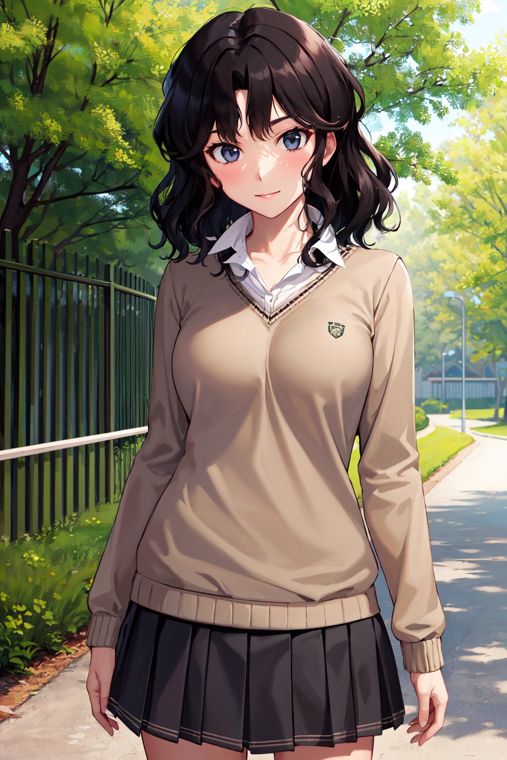 masterpiece, best quality, highres, aakaoru, wavy hair, messy hair, school uniform, collared shirt, brown sweater, long sleeves, pleated skirt, black skirt, <lora:tanamachi_kaoru_v1:0.7>, standing, cowboy shot, outdoors