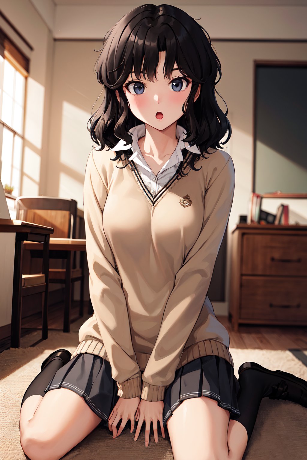 masterpiece, best quality, highres, aakaoru, wavy hair, messy hair, school uniform, collared shirt, brown sweater, long sleeves, pleated skirt, black skirt, <lora:tanamachi_kaoru_v1:0.7>, :o, indoors, living room, wariza,