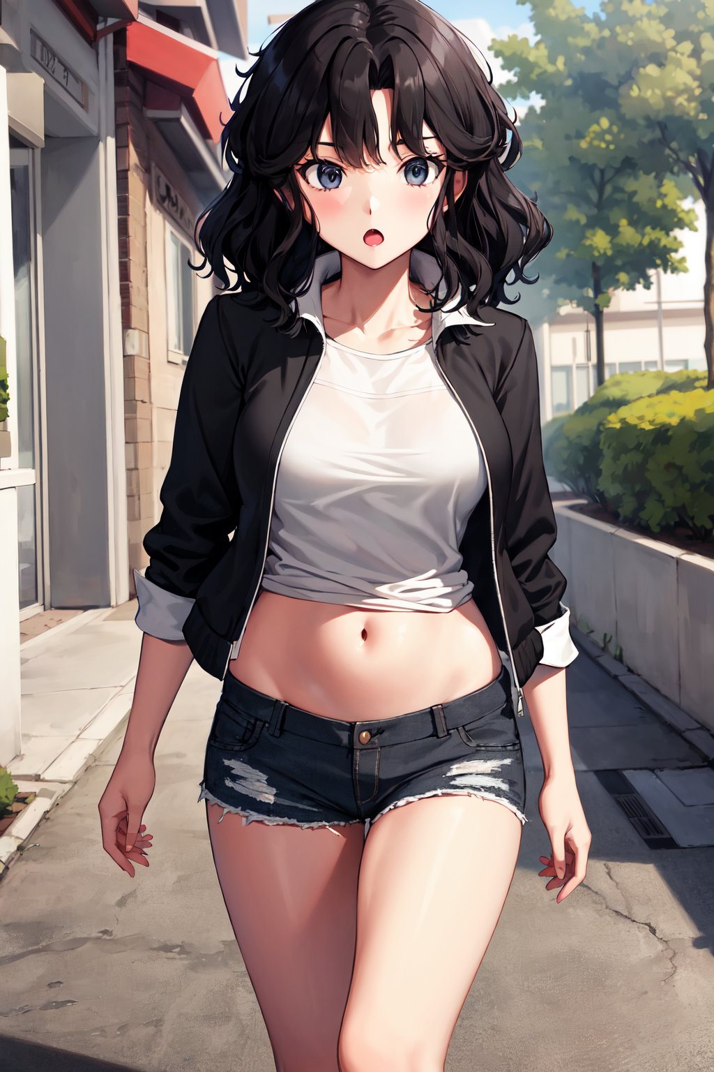 masterpiece, best quality, highres, aakaoru, wavy hair, messy hair, <lora:tanamachi_kaoru_v1:0.7>, walking, cowboy shot, :o, white shirt, black jacket, midriff, short shorts, :o, street