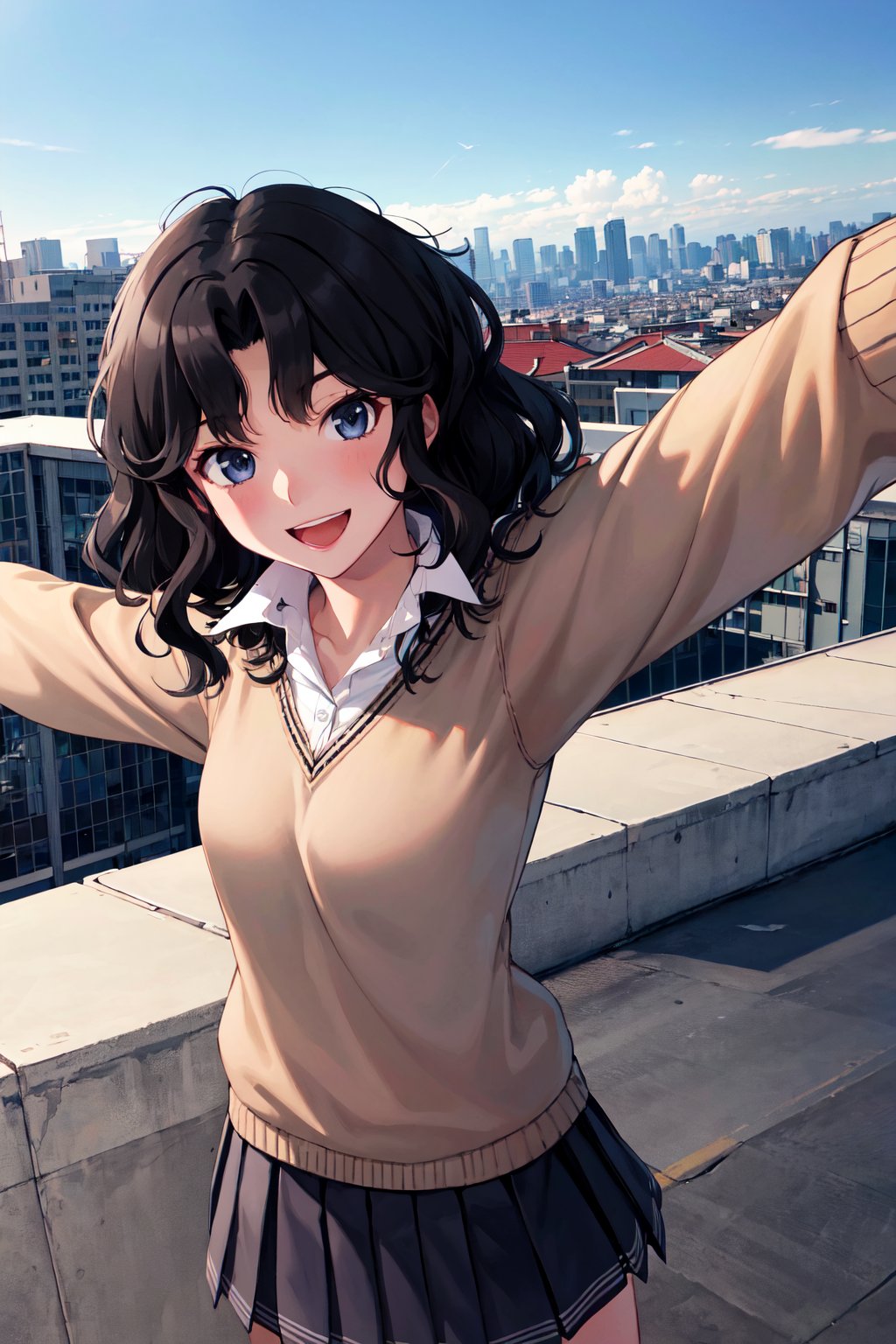 masterpiece, best quality, highres, aakaoru, wavy hair, messy hair, school uniform, collared shirt, brown sweater, long sleeves, pleated skirt, black skirt, <lora:tanamachi_kaoru_v1:0.7>, rooftop, blue sky, city, smile, open mouth, outstretched arms, standing