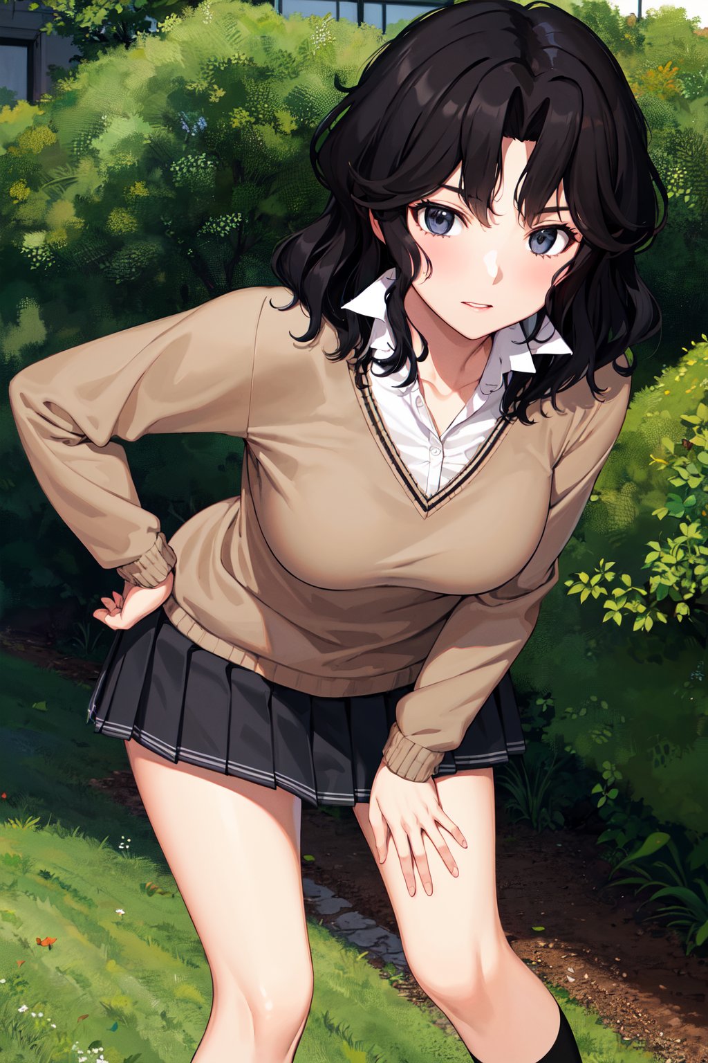 masterpiece, best quality, highres, aakaoru, wavy hair, messy hair, school uniform, collared shirt, brown sweater, long sleeves, pleated skirt, black skirt, <lora:tanamachi_kaoru_v1:0.7>, hand on hip, leaning forward, 