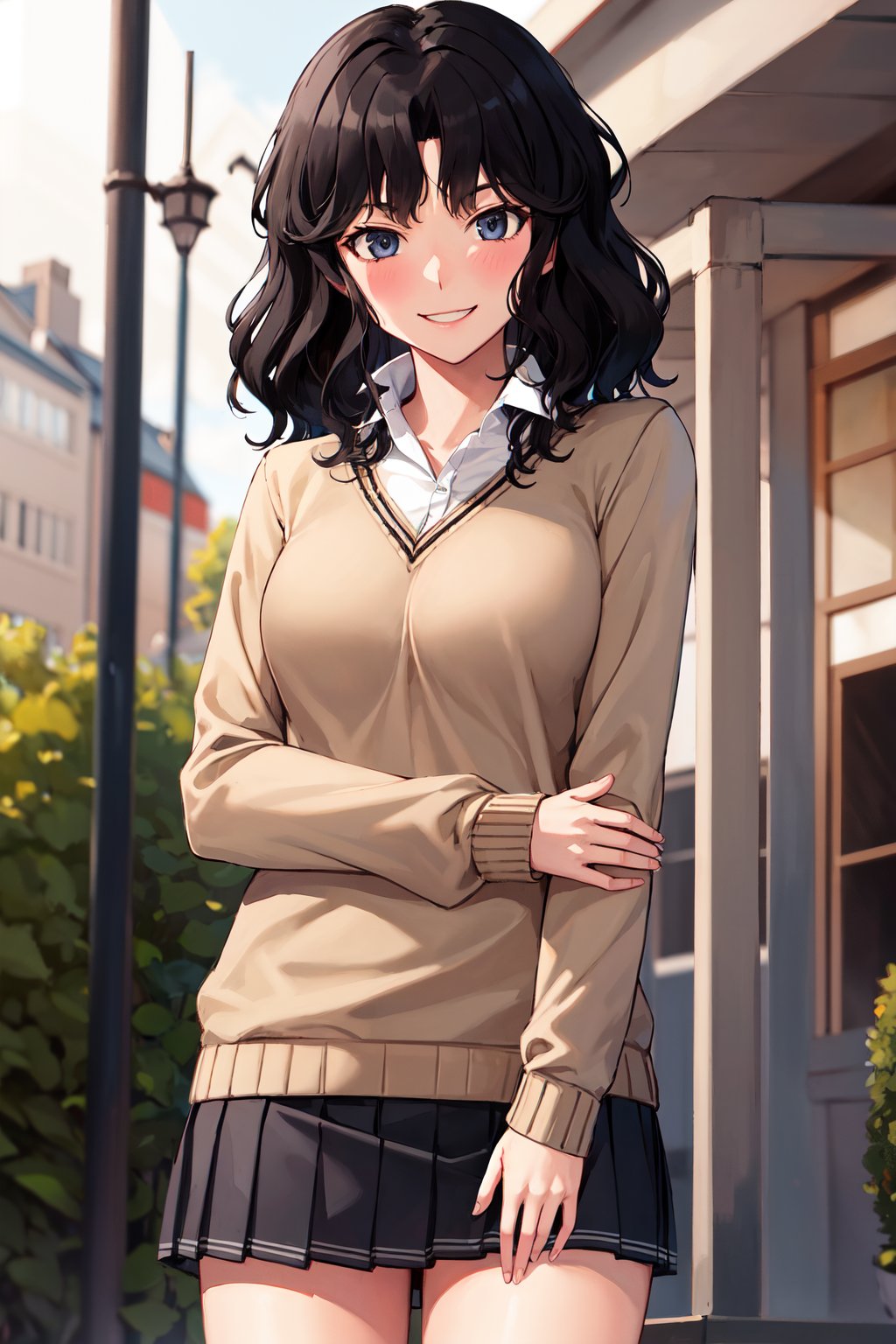 masterpiece, best quality, highres, aakaoru, wavy hair, messy hair, school uniform, collared shirt, brown sweater, long sleeves, pleated skirt, black skirt, <lora:tanamachi_kaoru_v1:0.7>, standing, cowboy shot, outdoors, smile, 