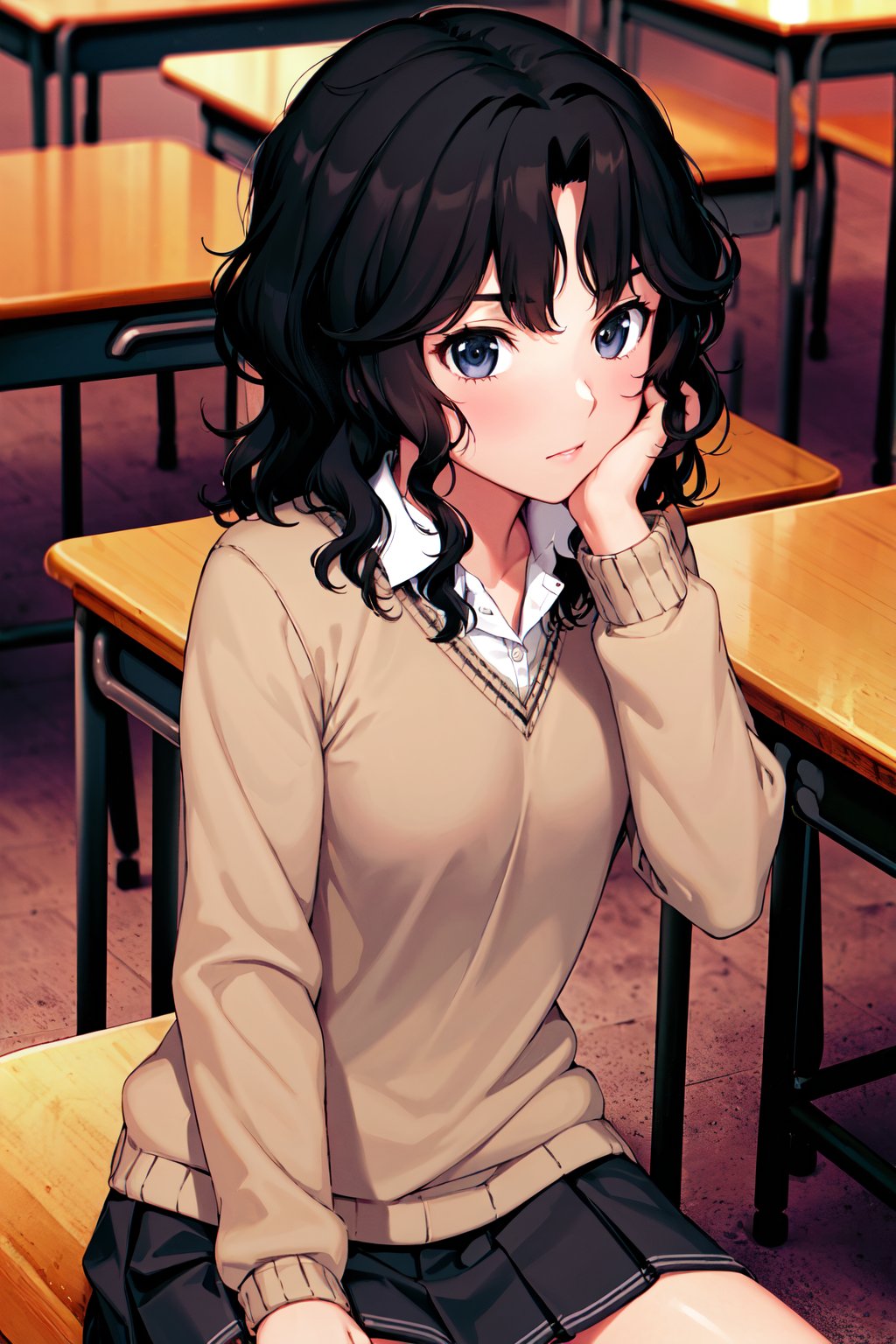 masterpiece, best quality, highres, aakaoru, wavy hair, messy hair, school uniform, collared shirt, brown sweater, long sleeves, pleated skirt, black skirt, <lora:tanamachi_kaoru_v1:0.7>, sitting, classroom, desk, hand on own face, upper body, 