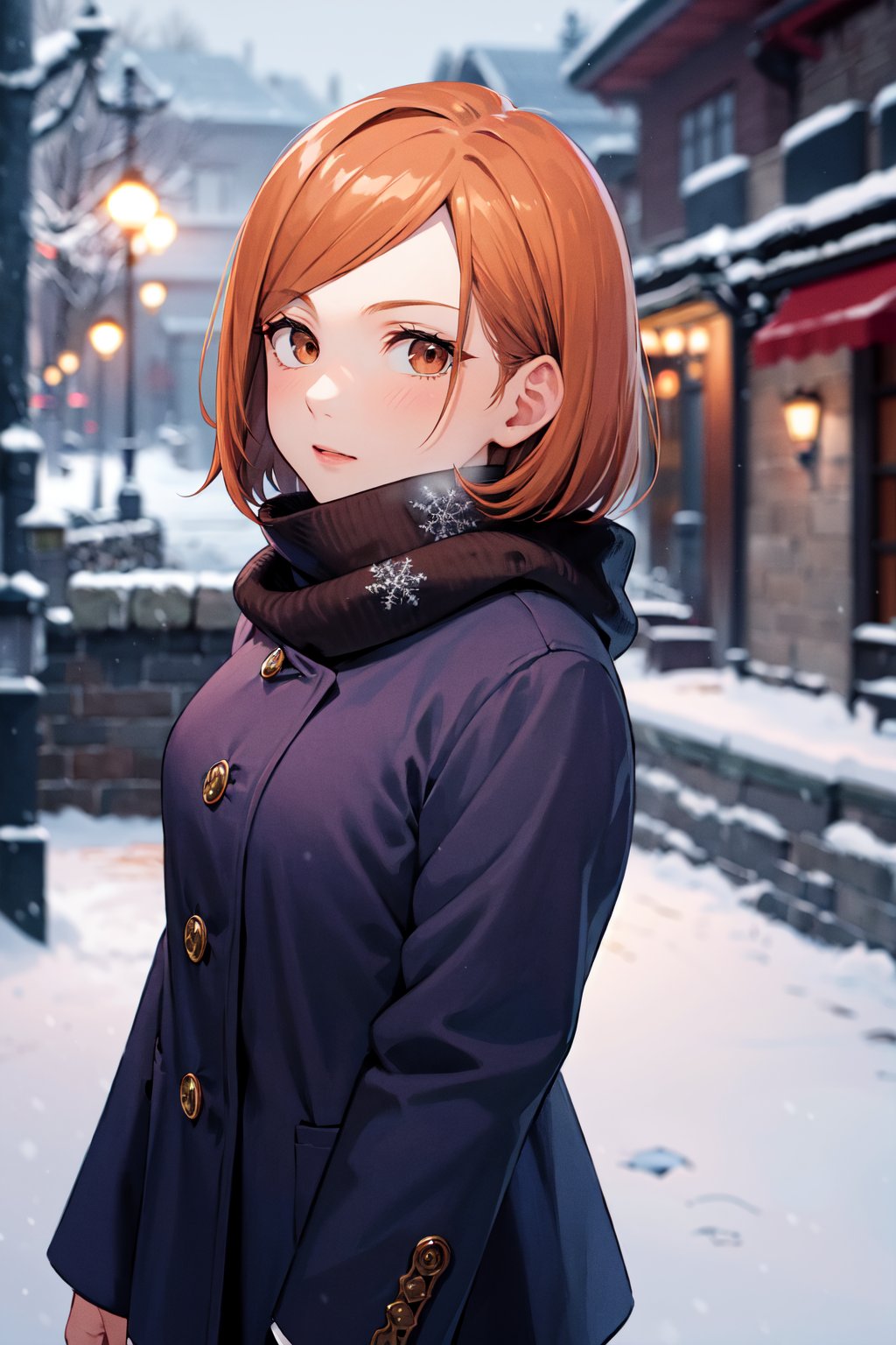 masterpiece, best quality, highres, aanobara, short hair, <lora:kugisaki_nobara_v1:0.7>, winter clothes, snow, street, looking at viewer, scarf, 