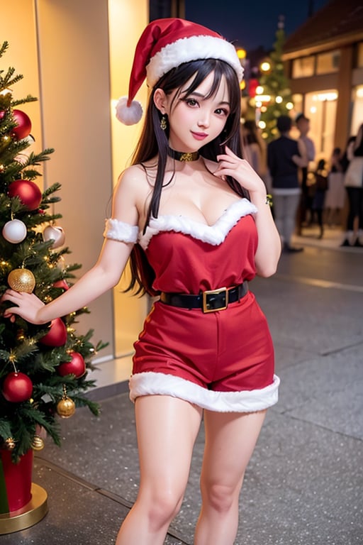 woman , (wearing santa_outfit:1.3),christmas tree,wearing cap, Overhead camera, sharp focus, handsome,plump legs, skinny,professional lighting,,rendered eyes,tall body,adult woman,hair ornament,instagram most viewed,official wallpaper, official art,(kpop idol), half-closed eyes,building,((photorealistic painting art by midjourney and greg rutkowski)), ,santa_outfit