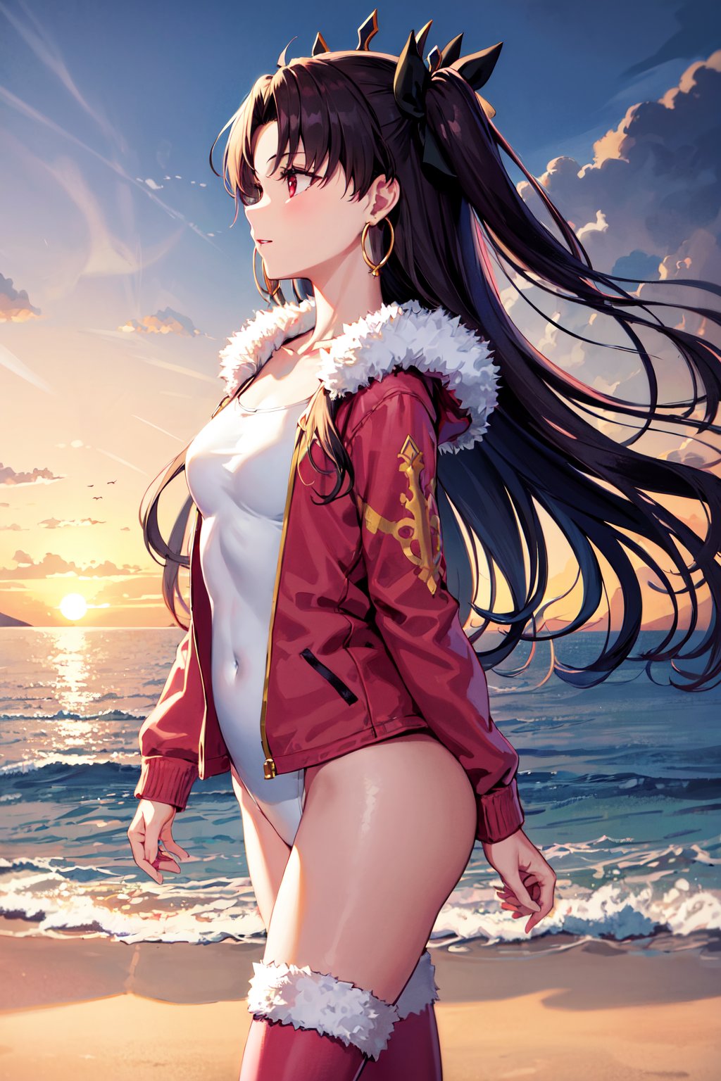 masterpiece, best quality, highres, aaishtar, long hair, two side up, hair ribbon, tiara, parted bangs, hoop earrings, collarbone, white swimsuit, white one-piece swimsuit, fur trim, pink jacket, long sleeves, single thighhigh, pink thighhighs, <lora:ishtar_(fate)_v1:0.7>, standing, sunset, beach, from side, 