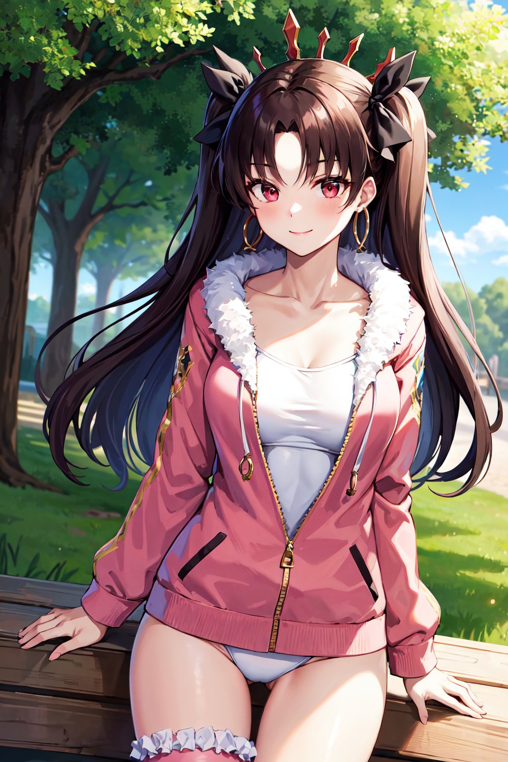 masterpiece, best quality, highres, aaishtar, long hair, two side up, hair ribbon, tiara, parted bangs, hoop earrings, collarbone, white swimsuit, white one-piece swimsuit, fur trim, pink jacket, long sleeves, single thighhigh, pink thighhighs, <lora:ishtar_(fate)_v1:0.7>, standing, cowboy shot, smile, outdoors