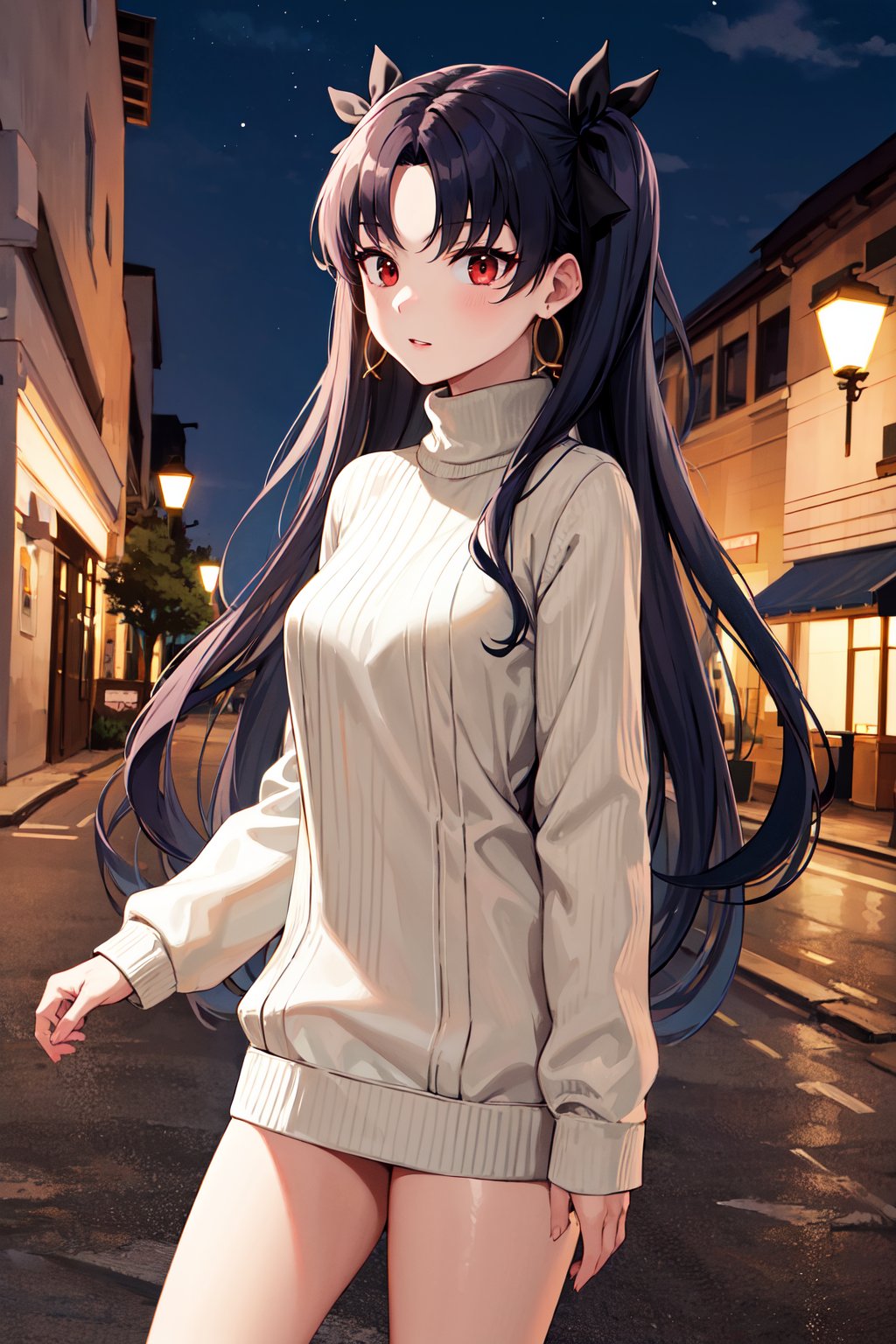 masterpiece, best quality, highres, aaishtar, long hair, two side up, hair ribbon, parted bangs, hoop earrings, <lora:ishtar_(fate)_v1:0.7>, street, night, sweater dress, standing